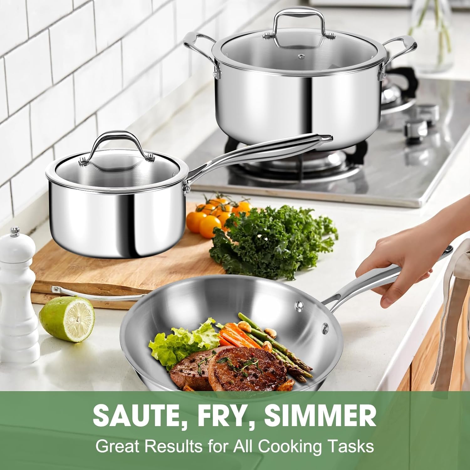 3 Ply Stainless Steel Pot and Pan Set – 11pcs Cookware Set with Glass Lids – Induction Pots and Pans Set – Saucepan Pots & Frying Pan Set, Oven Safe, PFOA, PTFE & PFOS Free - Image 3