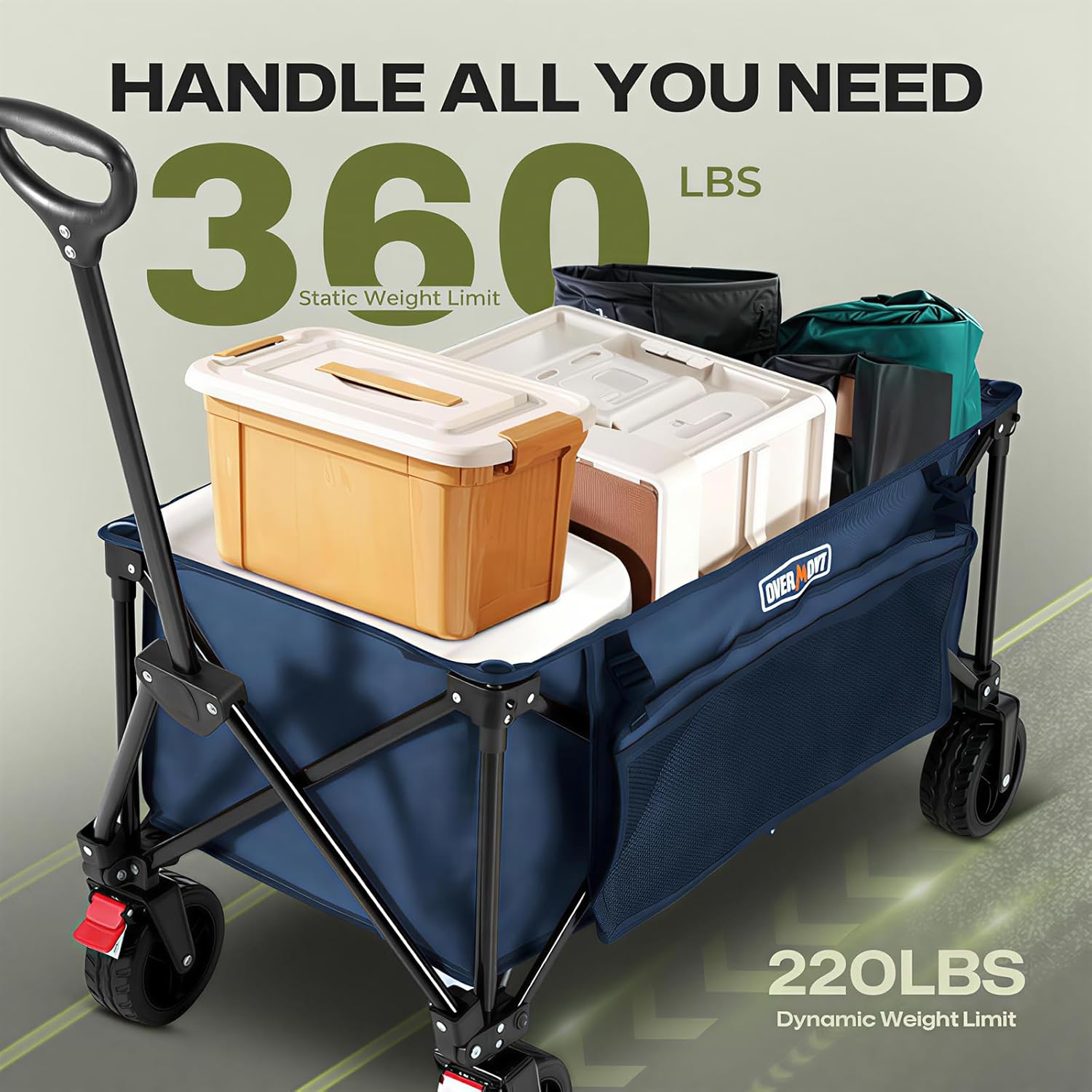 Overmont Festival Camping Trolley on Wheels - Heavy Duty Folding Beach Wagon Cart with Extra Wide Wheels, 330lbs Capacity, Adjustable Handle, Portable for Outdoor, Garden, Shopping, Fishing - Blue - Image 4