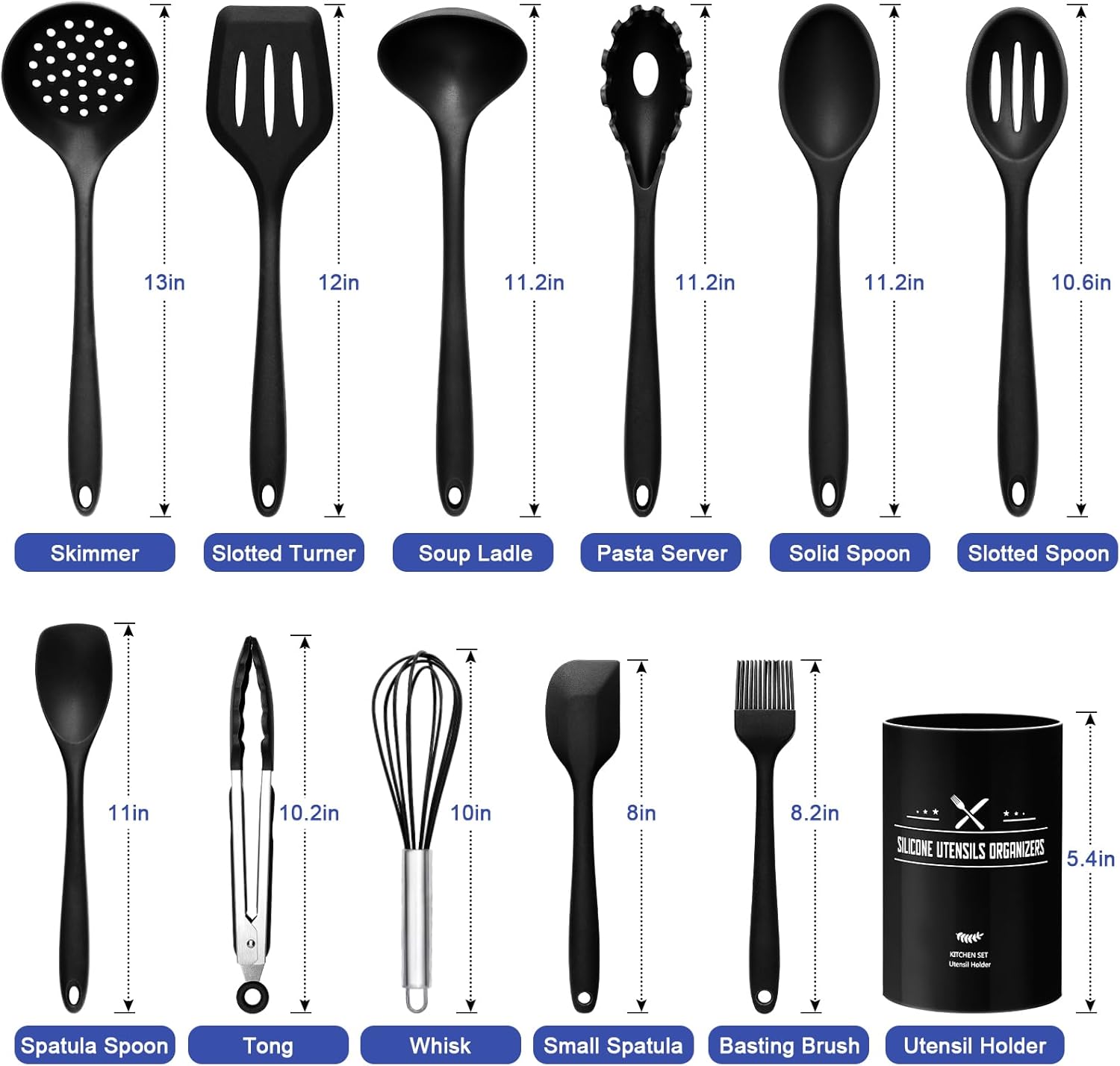 Silicone Kitchen Utensils Set - 12pcs Cooking Utensils Set with Holder, BPA Free Food Grade Non Stick Coating Silicone Spatulas Kitchen Utensils, Heat Resistant & Easy Clean, Black - Image 2