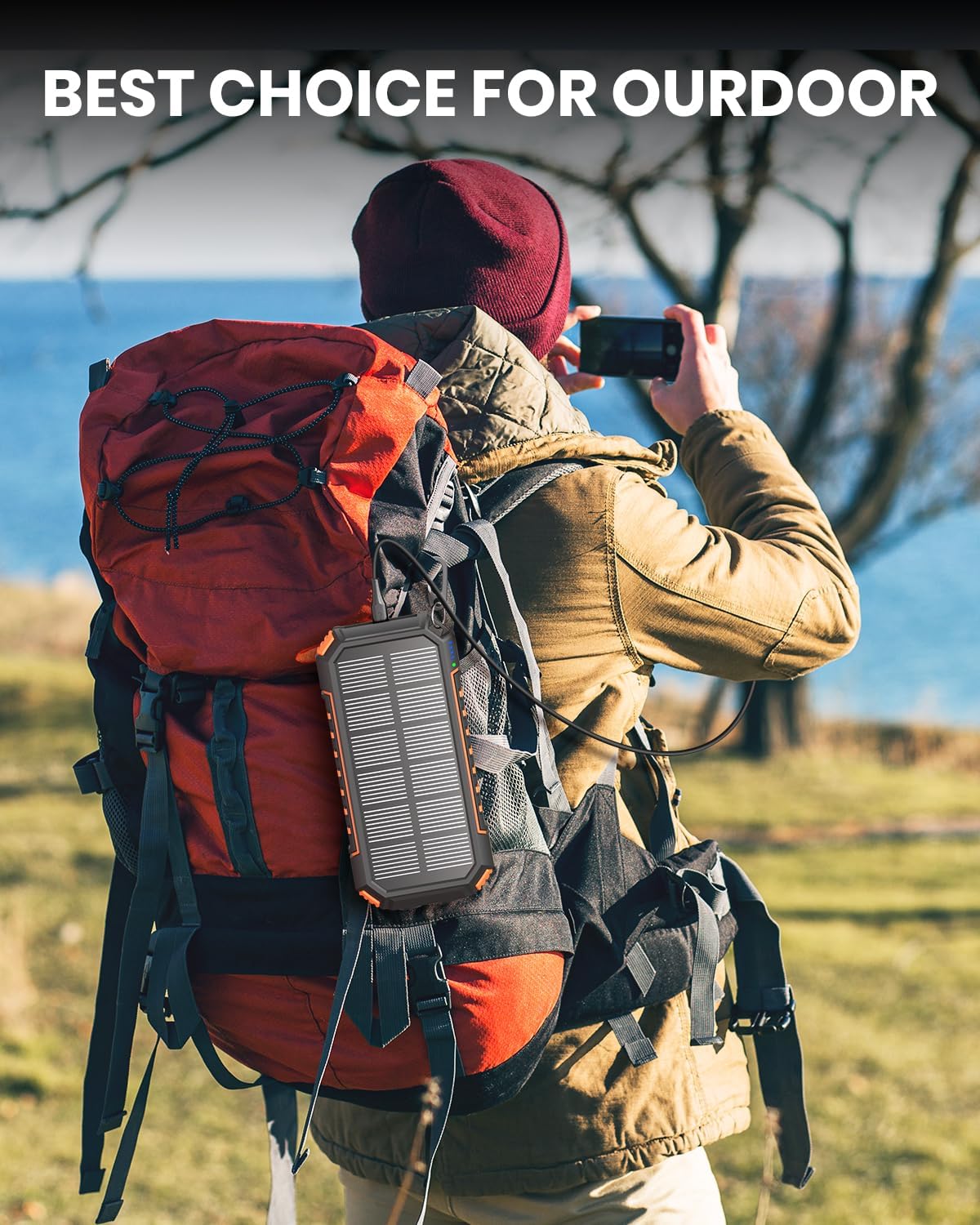 Hiluckey Power Bank Solar Charger - 20000mAh with Built-in 3 Cables Five Outputs 15W Fast Charging External Battery Pack for All Mobile Devices Solar Portable Charger with Dual Flashlights - Image 9