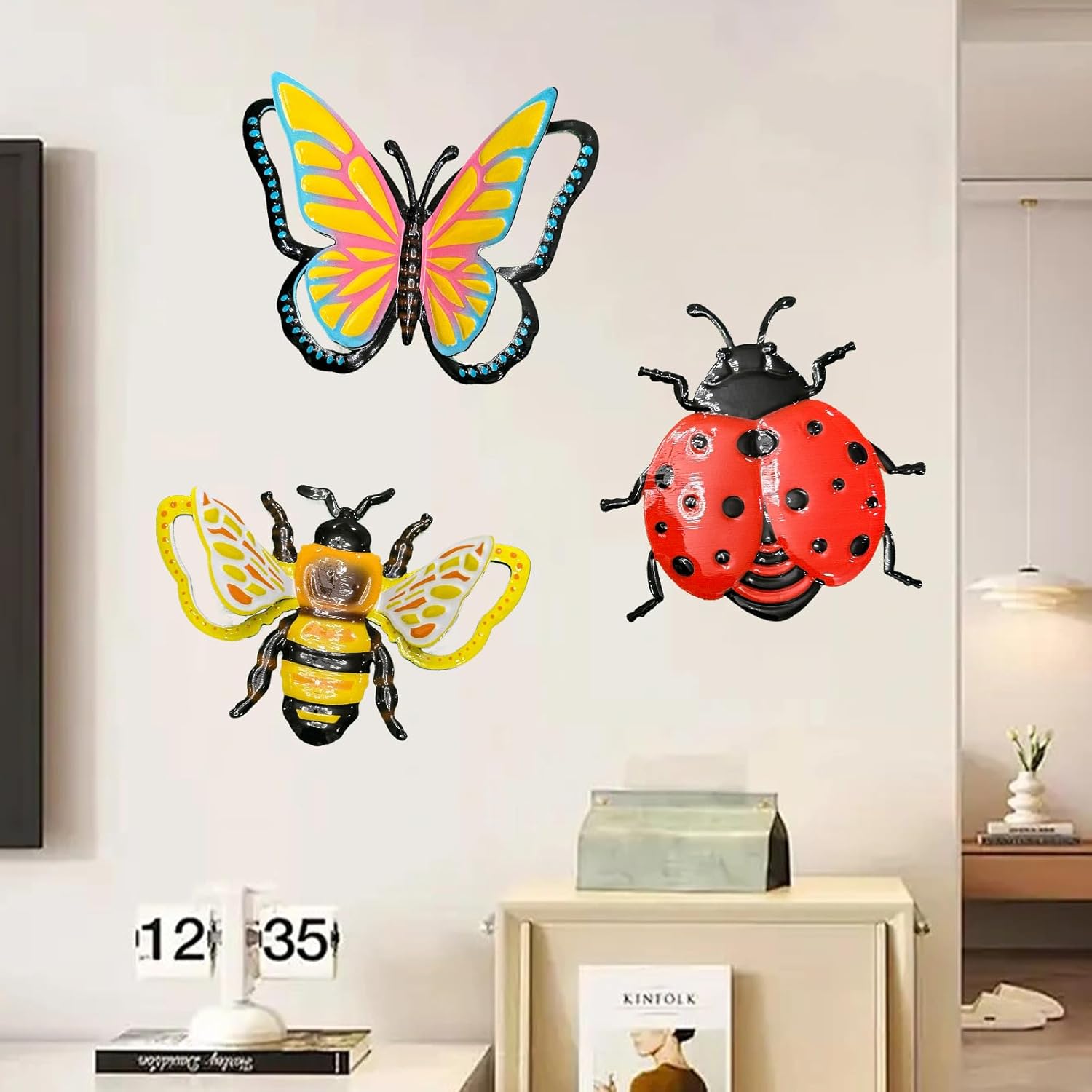 Zyomiol 3 Pcs Garden Wall Art Decor Outdoor, 3D Rustproof Wrought Iron Colourful Wall Sculptures, Hanging Metal Butterfly Bee Ladybird Insect Decorations for Backyard Balcony Indoor Living Room - Image 6