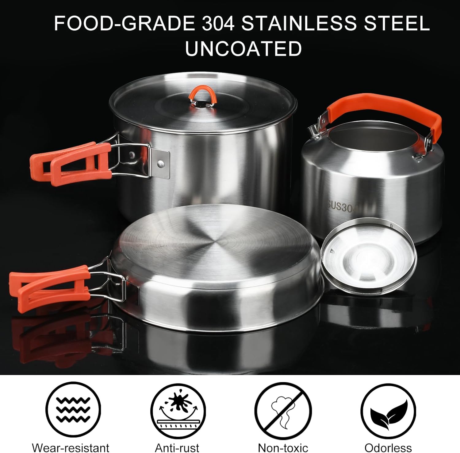 304 Stainless Steel Camping Cookware Set - Large Frying Pan, Pot & Kettle with Folding Handle, Lightweight Fast Boil Suitable Indoor & Outdoor Cooking for Fishing, Backpacking, Picnic 3-6 People - Image 3