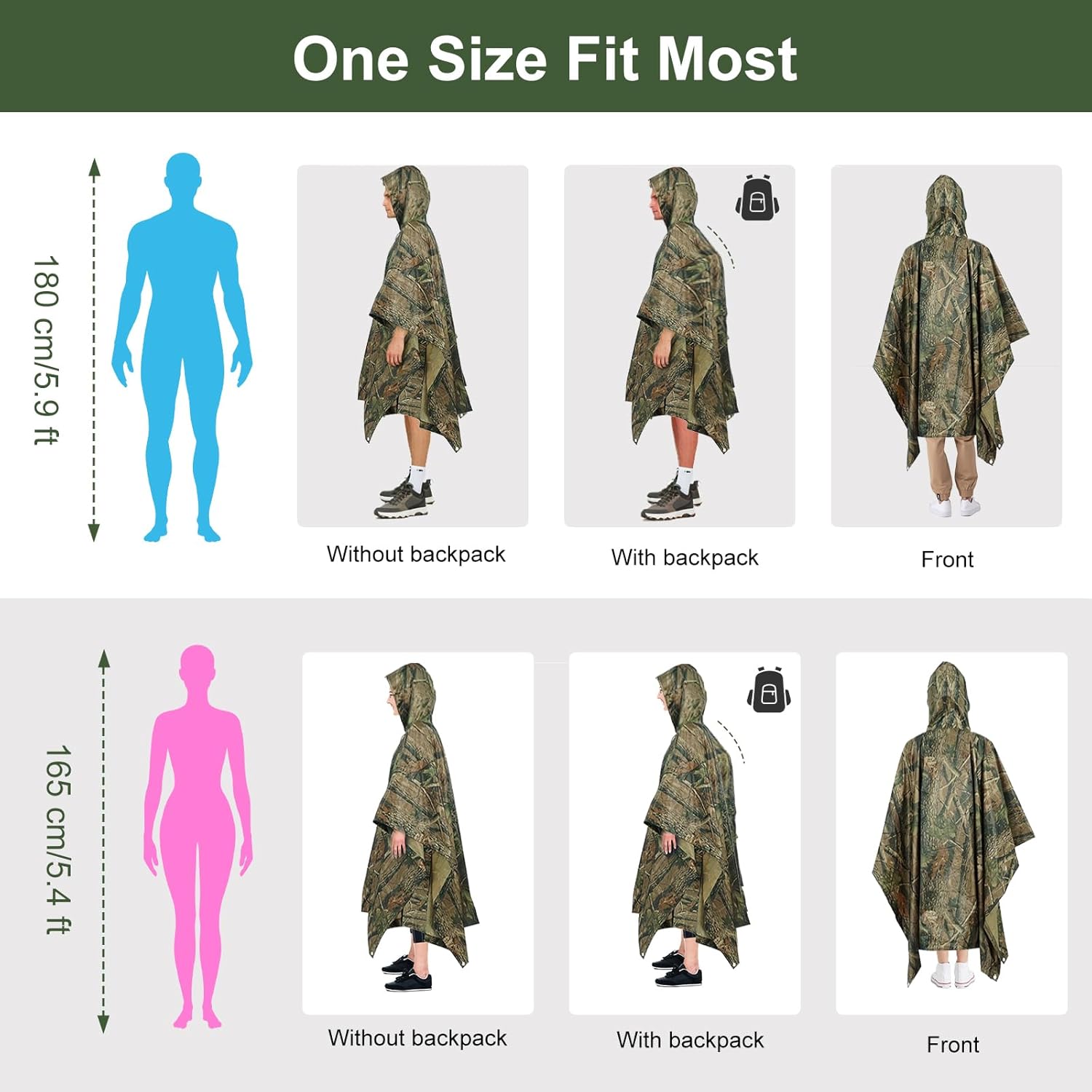 Waterproof Rain Cape Raincoat, Infreecs Rain Poncho for outdoor Camping Military cycling traveling, Hooded Rainwear with Emergency Grommet Corners for Shelter Use - Image 6