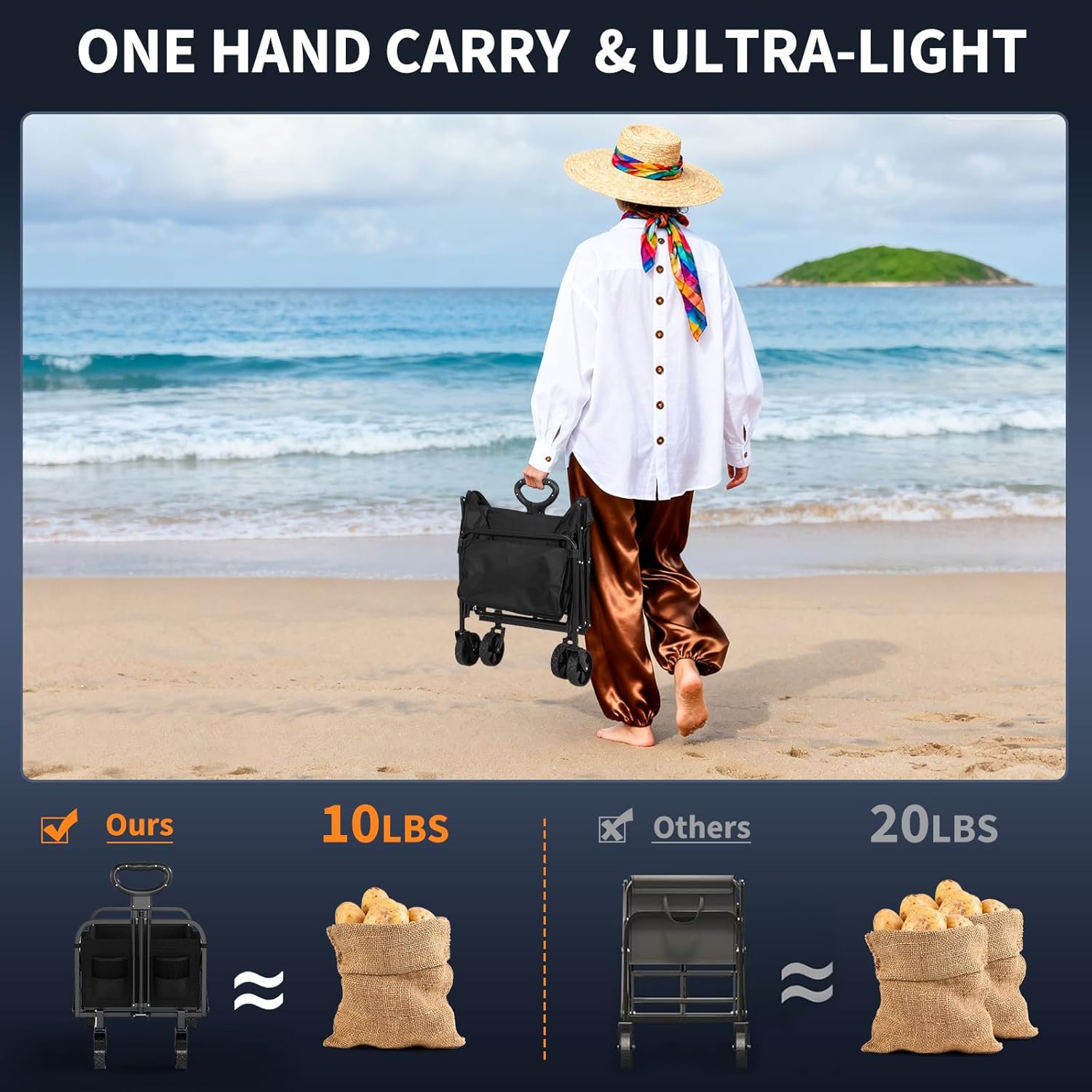 Folding Collapsible Wagon Trolley,Heavy Duty Utility Cart for Christmas Shopping, Gift Hauling & Outdoor Use, 220lbs Capacity with Adjustable Handle,Portable Foldable Cart for Markets, Garden & Beach - Image 3