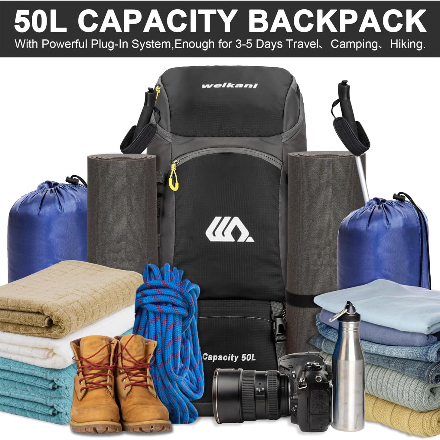 jianyana Hiking Backpack Waterproof 50L Foldable Rucksack Durable Lightweight Camping Bag with Rain Cover for Camping Trekking Hiking Walking Cycling Climbing Outdoor Sports for Women Men - Image 3