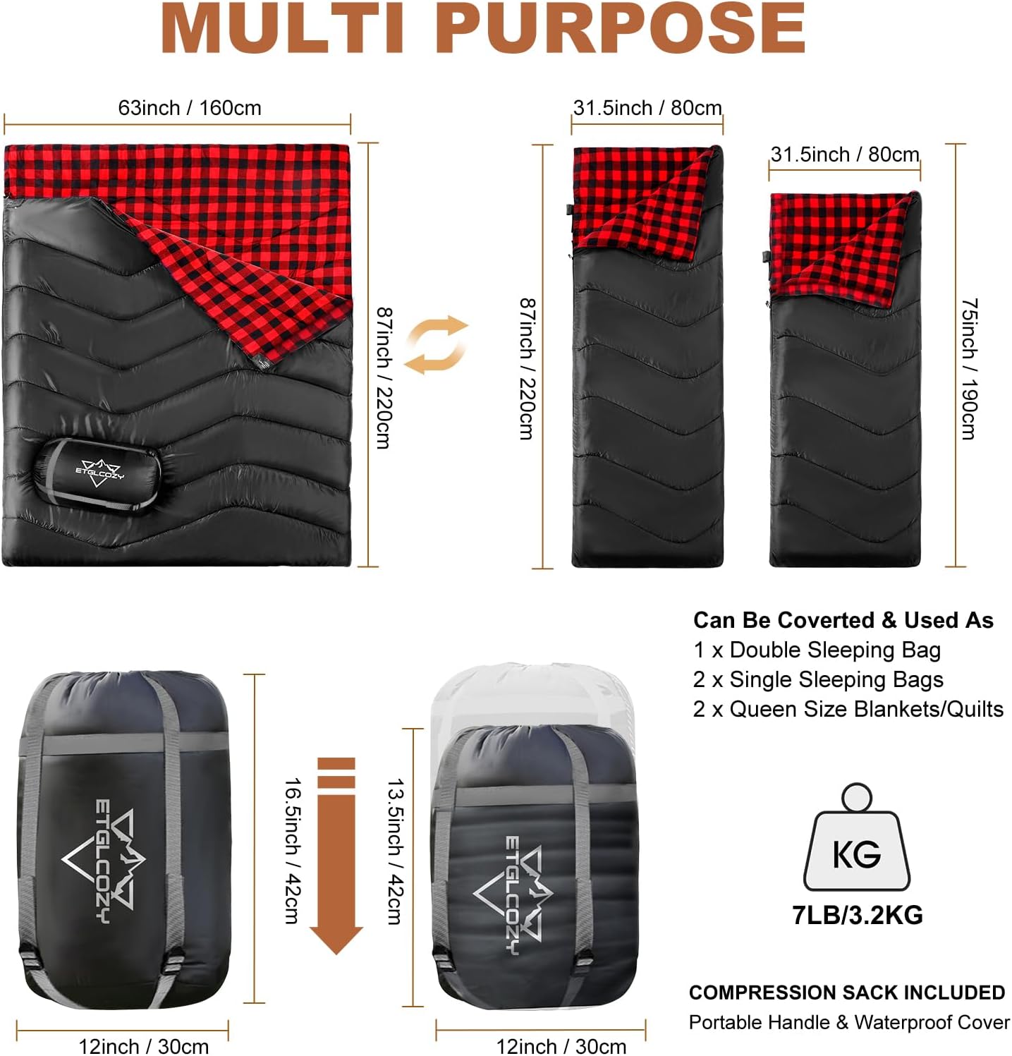 Double Sleeping Bag for Adults Camping, XL Queen Size 2 Person Cotton Flannel Sleeping Bags for All Season Hiking Backpacking, Lightweight Waterproof for Cold Weather & Warm - Image 2