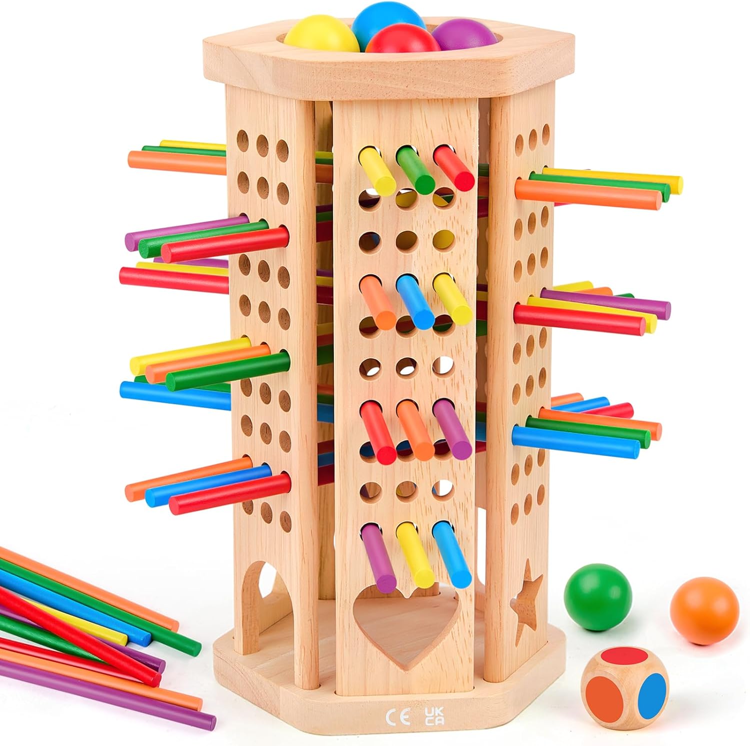 Montessori Toys Wooden Board Games Kids with 42 Colorful Wooden Sticks and Dice, Math Educational Toy Gifts for 3 4 5 6 Year Olds, Family Outdoor Travel Games Toy for Kids