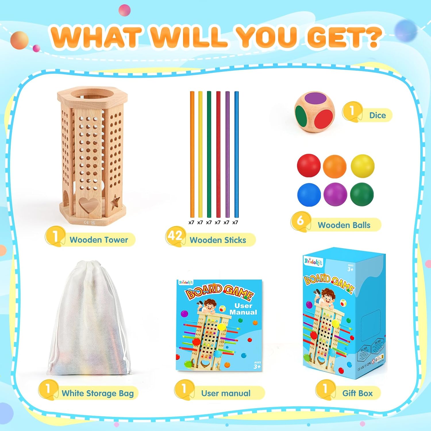 Montessori Toys Wooden Board Games Kids with 42 Colorful Wooden Sticks and Dice, Math Educational Toy Gifts for 3 4 5 6 Year Olds, Family Outdoor Travel Games Toy for Kids - Image 6