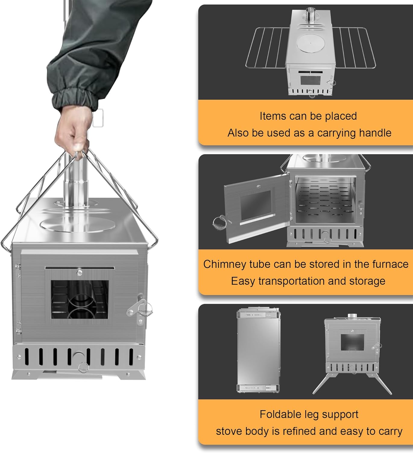 UNHO Camping Tent Stove: Portable Wood Burning Stove Stainless Steel Outdoor Cooking Heater Log Burner with 7 Chimney Pipes for Tent Shelter Garden Silver - Image 6