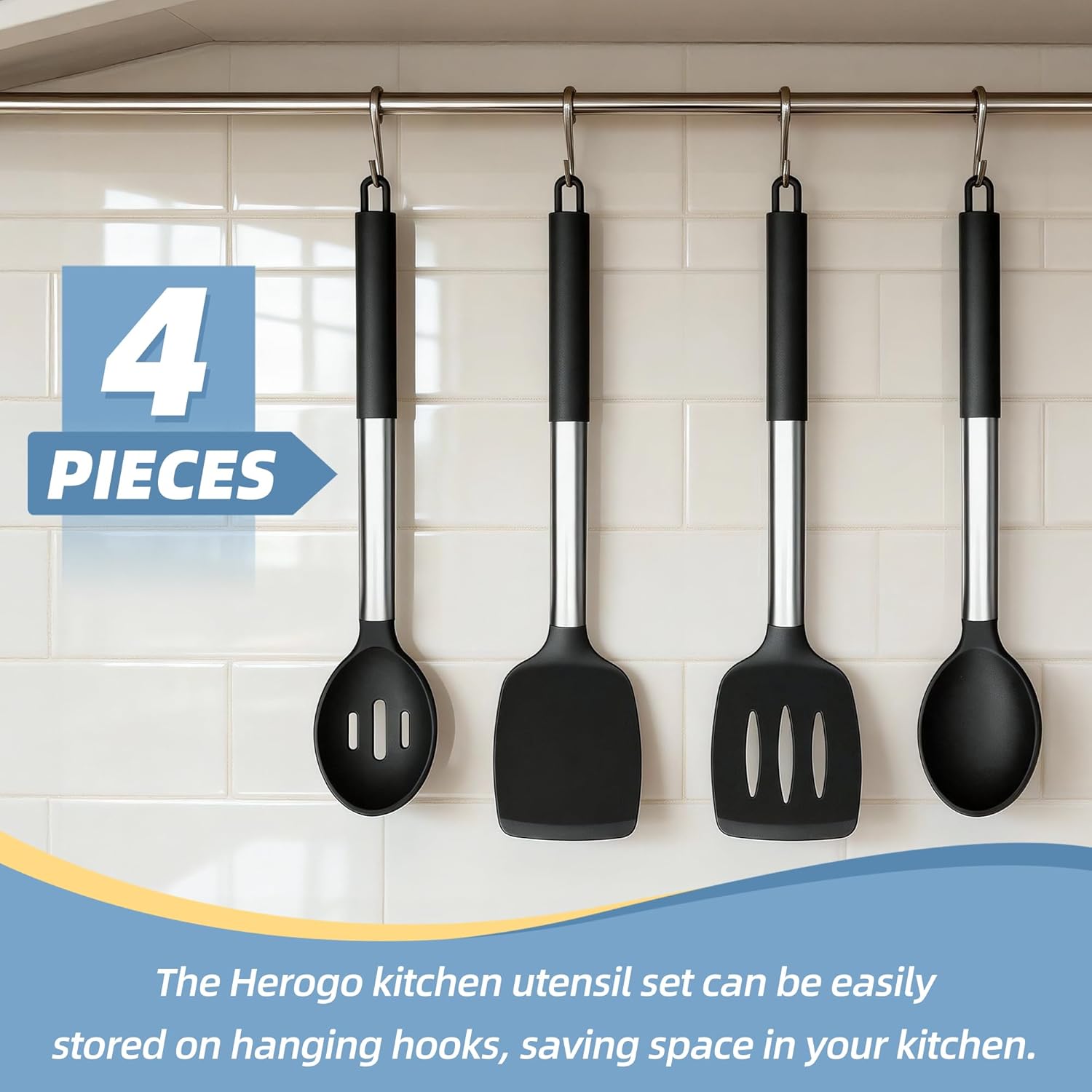 Herogo Kitchen Utensil Set of 4, Silicone Utensil Set with Stainless Steel Handle, Cooking Utensils Set with Non-Stick Heat Resistant Silicone for Cooking/Frying/Draining, Dishwasher Safe - Black - Image 6