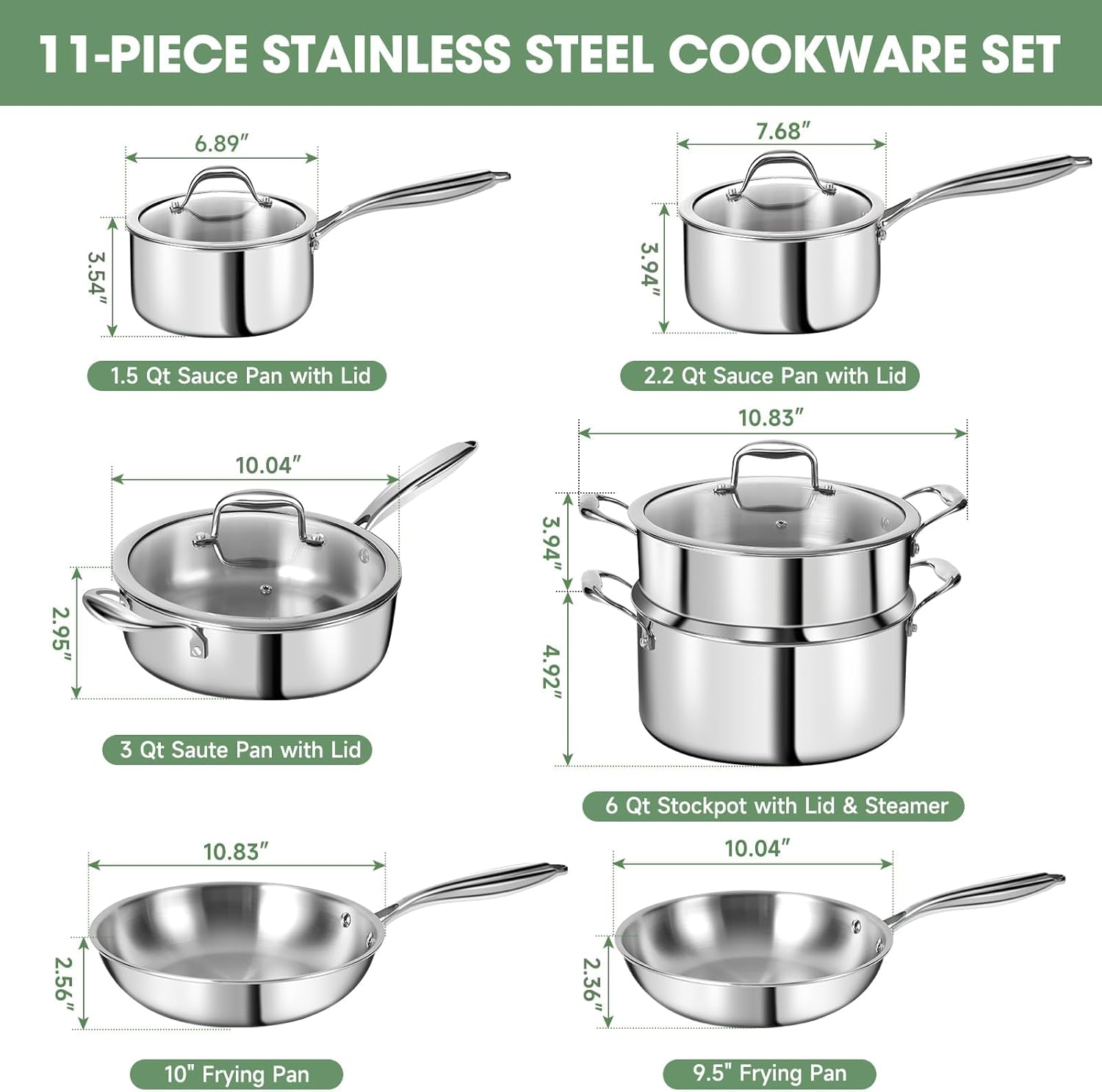 3 Ply Stainless Steel Pot and Pan Set – 11pcs Cookware Set with Glass Lids – Induction Pots and Pans Set – Saucepan Pots & Frying Pan Set, Oven Safe, PFOA, PTFE & PFOS Free