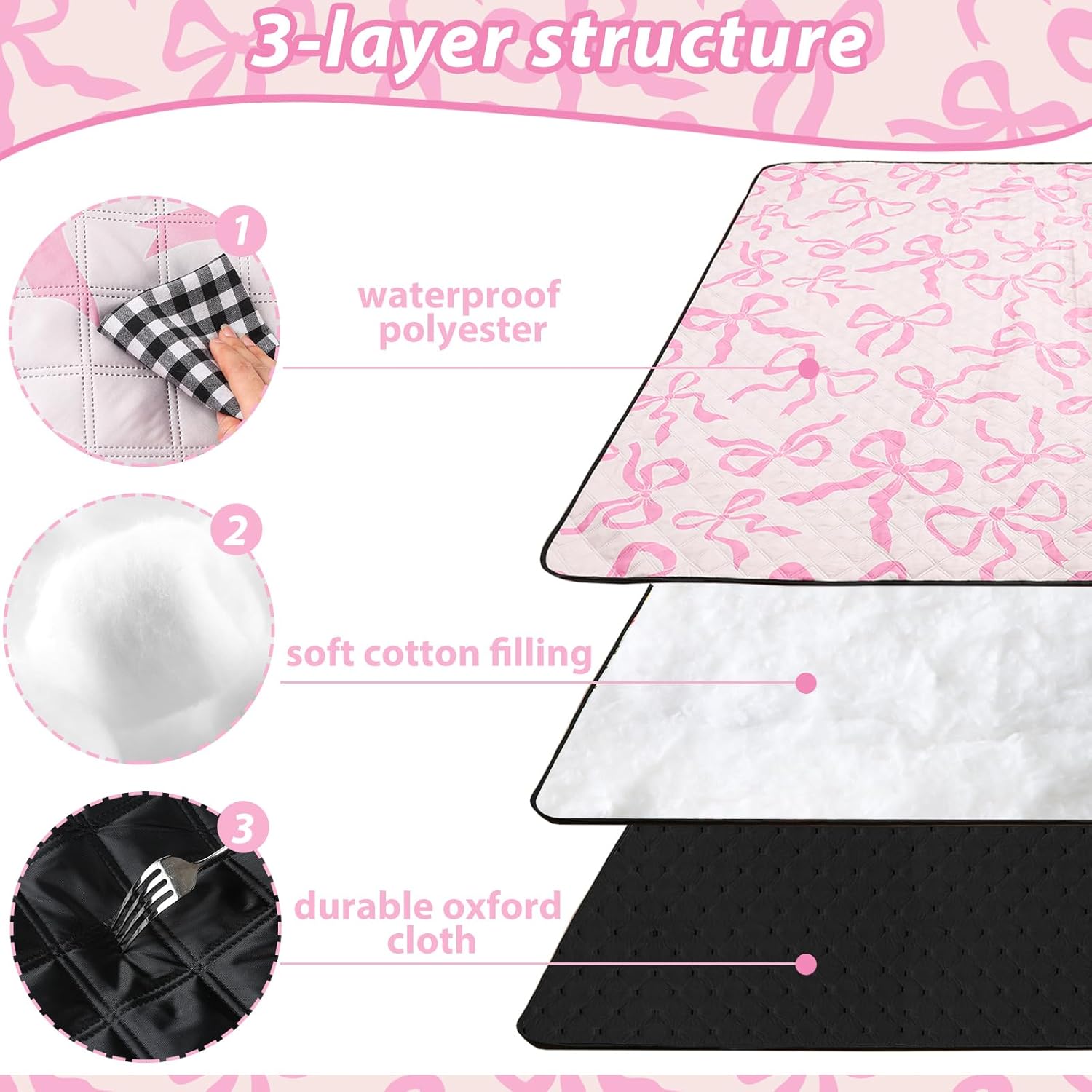 Pink Bow Picnic Blanket 80'' x 80'' Waterproof Extra Large Camping Blanket Coquette Picnic Mat Foldable Portable Preppy Outdoor Beach Mat with Carry Strap for Outdoor Grass Lawn Park - Image 5