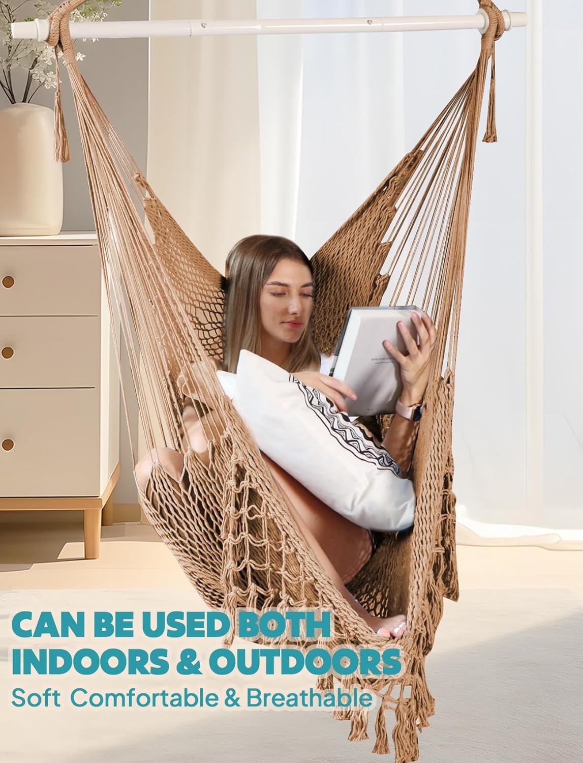 Chihee Super Large Hanging Hammock Chair, Soft-Spun Cotton Rope Weaving, Collapsible Strong Metal Spreader Bar, Wide Seat Lace Stretch Swing, Indoor/Outdoor Garden Yard Theme Decoration - Image 6