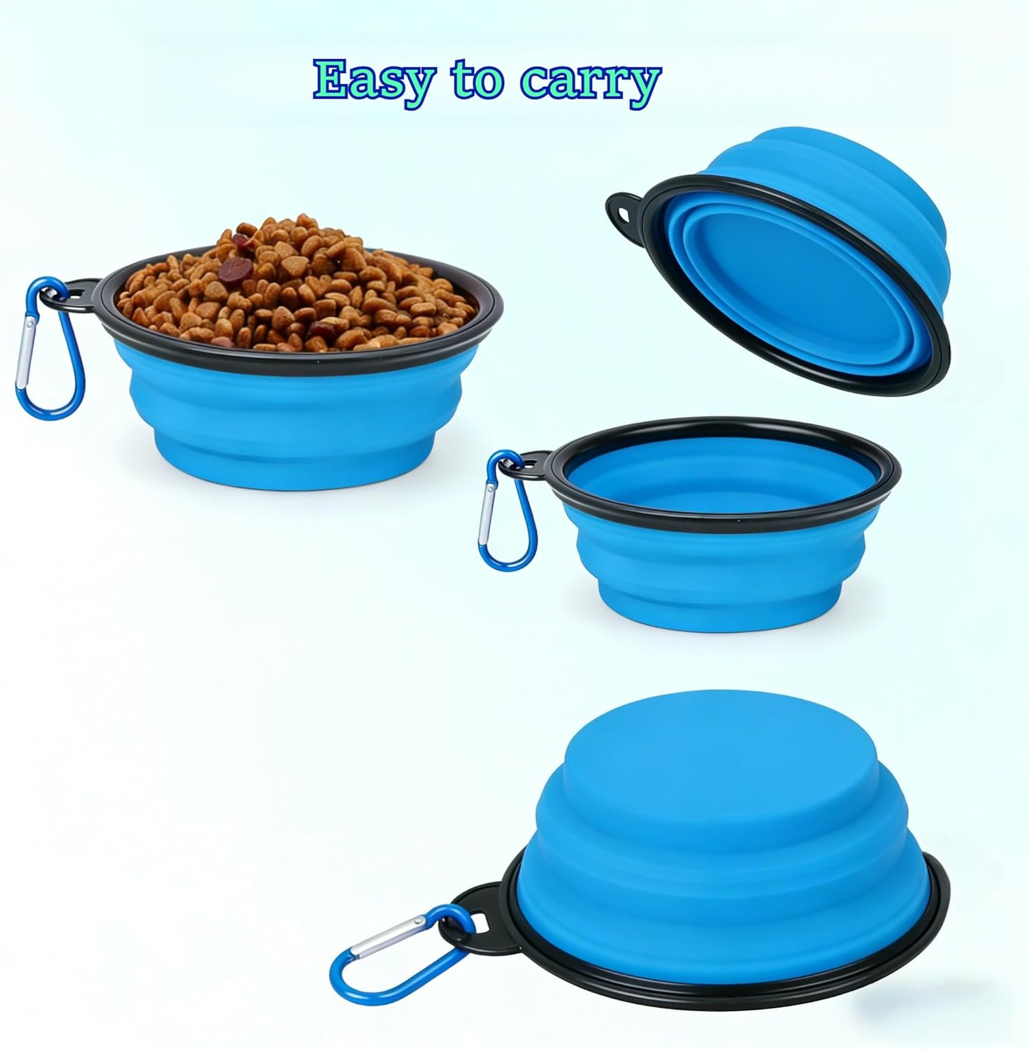 2 Pack Collapsible Pet Travel Bowls Set, Portable Silicone Water & Food Feeder with Carabiner for Dogs and Cats, 350ml Space Saving Folding Bowl (Blue+Orange) - Image 3