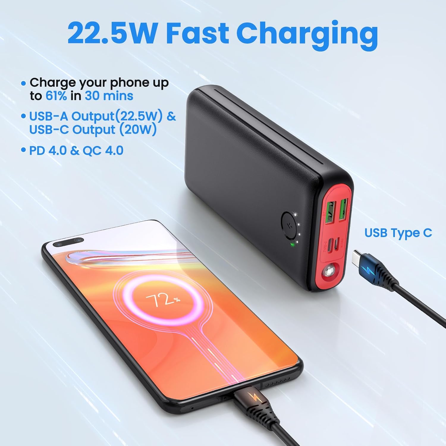 Power Bank 27000mAh Powerbank Fast Charging 22.5W QC 4.0 Portable Charger with Outputs Inputs Flashlight USB C Battery Pack, Ultra-High Capacity Compatible for iPhone Samsung Huawei - Image 2