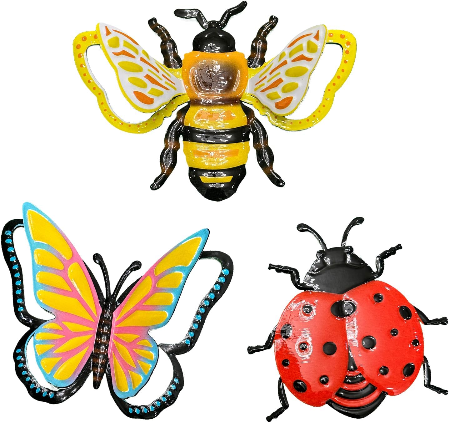 Zyomiol 3 Pcs Garden Wall Art Decor Outdoor, 3D Rustproof Wrought Iron Colourful Wall Sculptures, Hanging Metal Butterfly Bee Ladybird Insect Decorations for Backyard Balcony Indoor Living Room