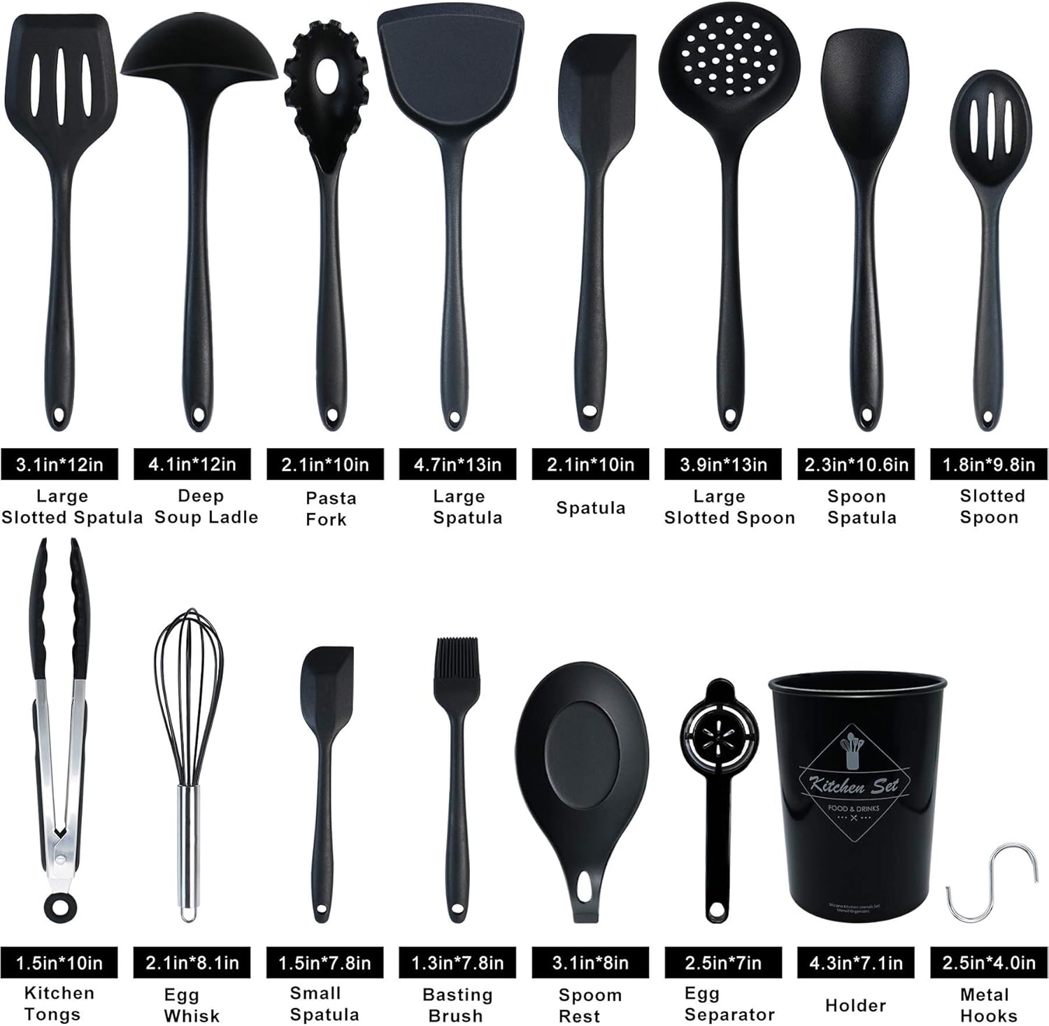 Kitchen Utensils Set - 25pcs Silicone Kitchen Utensils Set, BPA Free Food Grade Non Stick Coating Silicone Spatulas Kitchen Utensils, Heat Resistant and Easy Clean, Black - Image 2