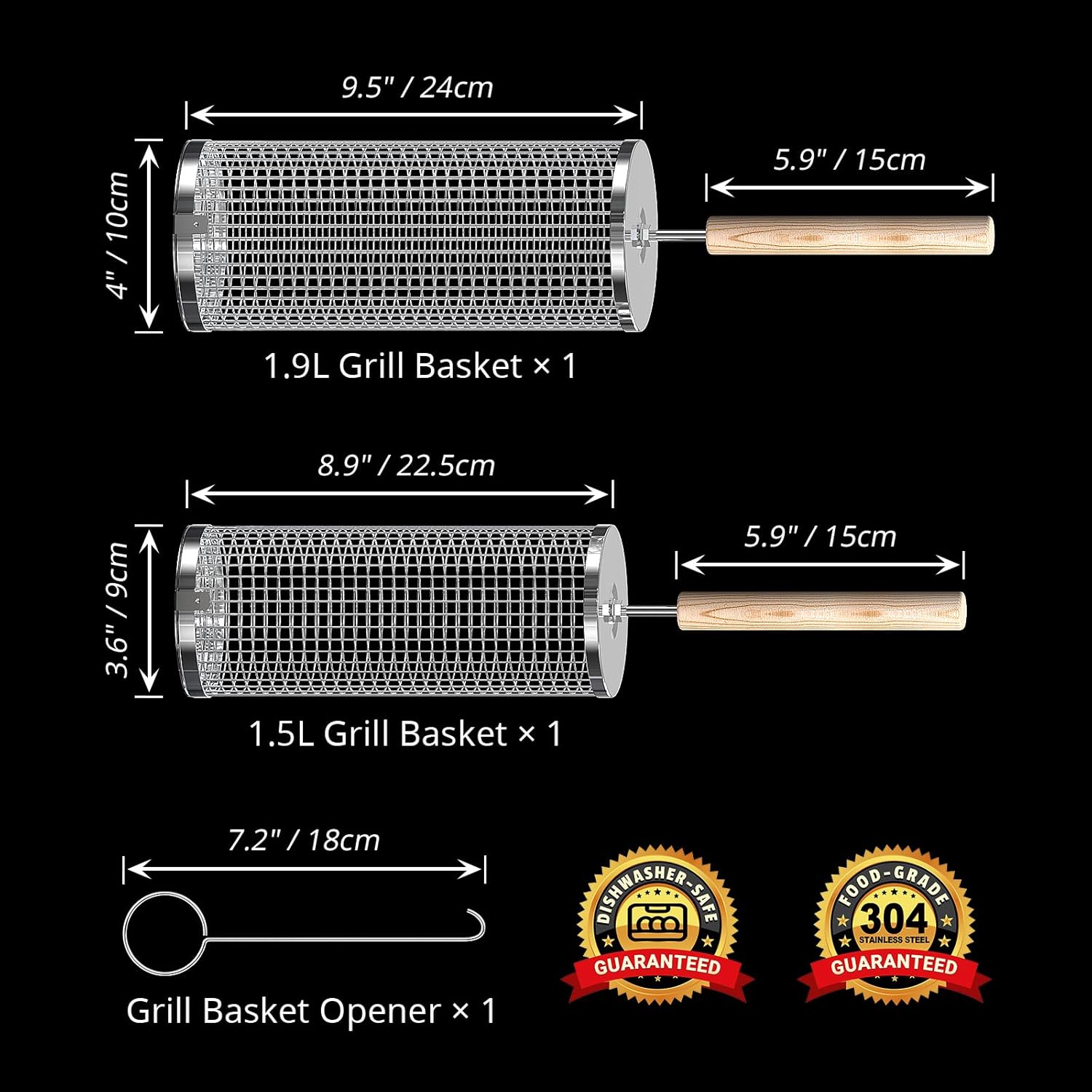 Rolling Grill Basket, Removable Wooden Handle, 304 Stainless Steel, Nesting Grilling Net, BBQ Accessories Tools for Vegetables Shrimp, Outdoor Cooking Camping, Birthday Gifts for Men Dad Husband - Image 2