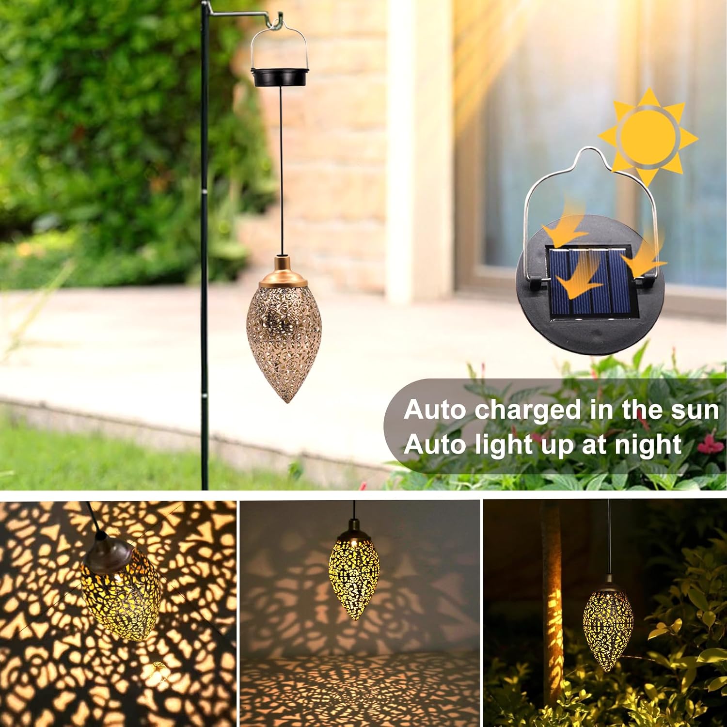 2 Pack Solar Lantern Lights, Vintage Hanging Solar Lights Outdoor Garden Lantern Waterproof Metal Lamp Garden Ornaments for Birthday Gifts Patio Backyard Porch Lawn Tree Pathway - Image 6