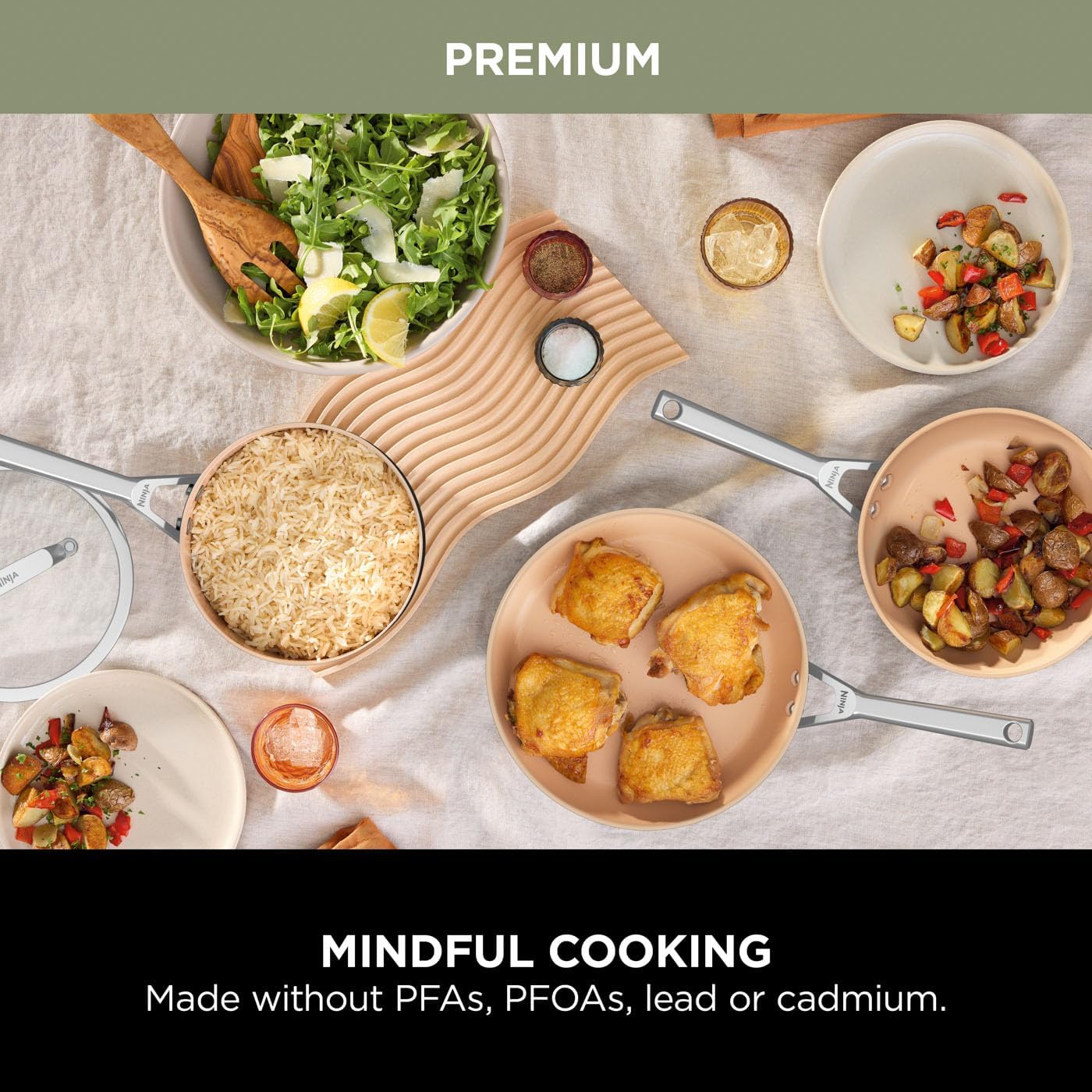 Ninja Extended Life 5-Piece Ceramic Cookware Set (20 & 24cm Frying Pans + 16, 18 & 20cm Saucepans & Lids), Non-Stick (No PFAs, PFOAs, Lead or Cadmium), Oven Safe 285°C, Terracotta/Grey, CW95000EUUKDB - Image 4