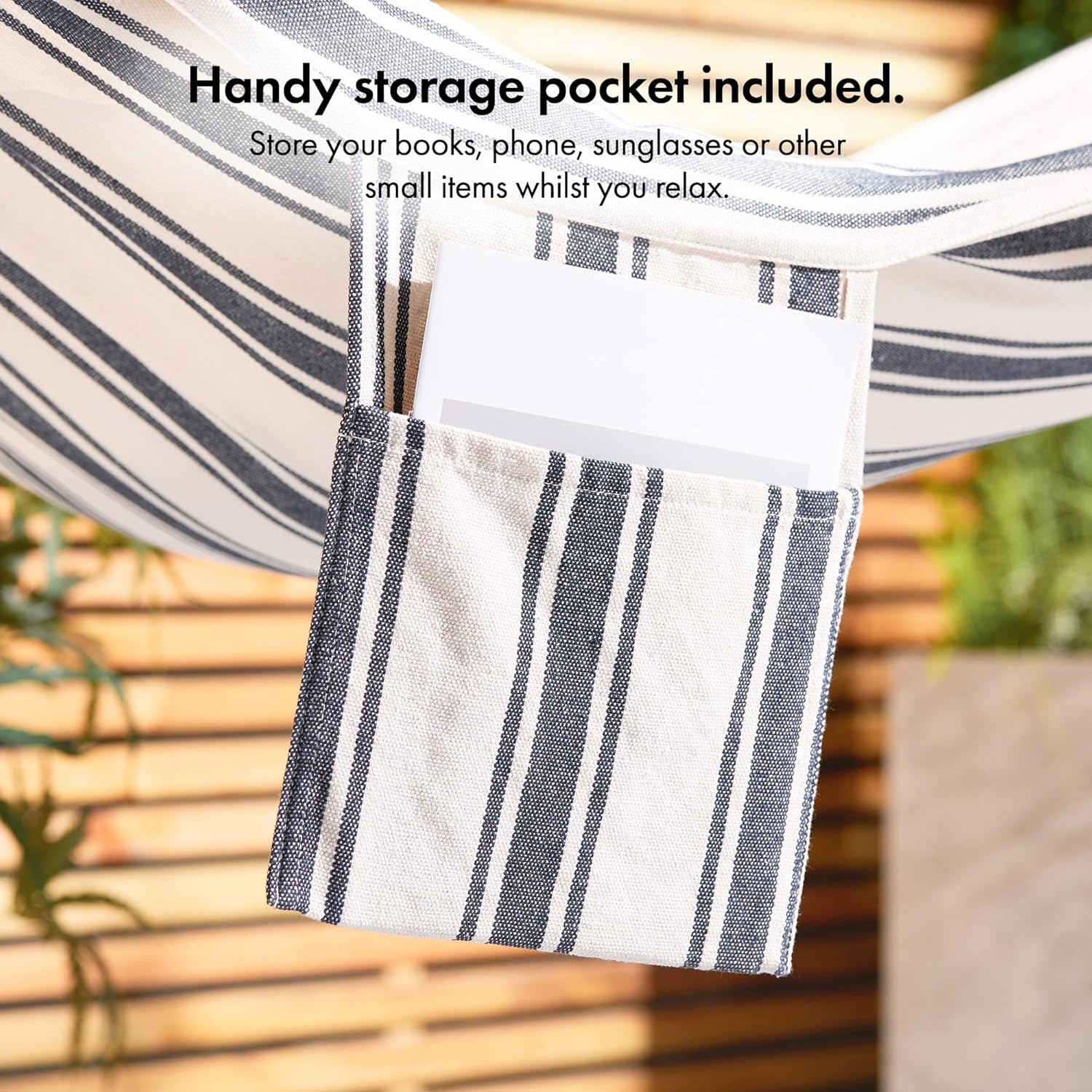 VonHaus Garden Hammock - 2 Person Striped Hammock with Rope Attachments & Storage Bag - Polycotton Portable Double with Travel Bag for Beach, Camping & Outdoors - Blue & White Stripe - Image 5