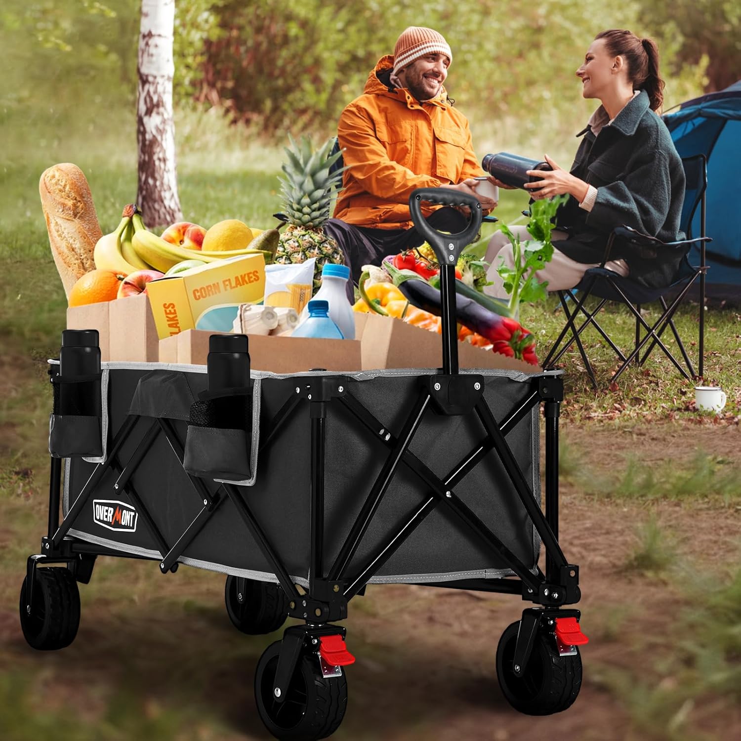 Overmont 150kg Festival Camping Trolley on Wheels – Heavy Duty Folding Wagon Cart with Detachable All-Terrain Wheels, Brake, Adjustable Handle, Portable for Outdoor, Beach, Garden & Shopping – Black - Image 2