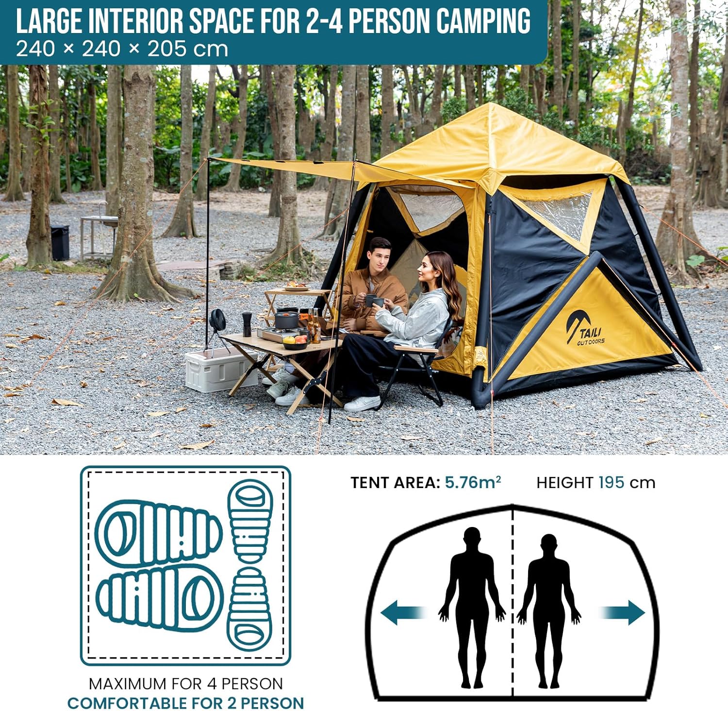 TAILI Inflatable Blow Up Tent for Camping with Hand Pump for 2/4/6/8 Person Easy Setup Outdoor Inflatable Oxford Waterproof Air Tent for Family Camping Adult - Image 7