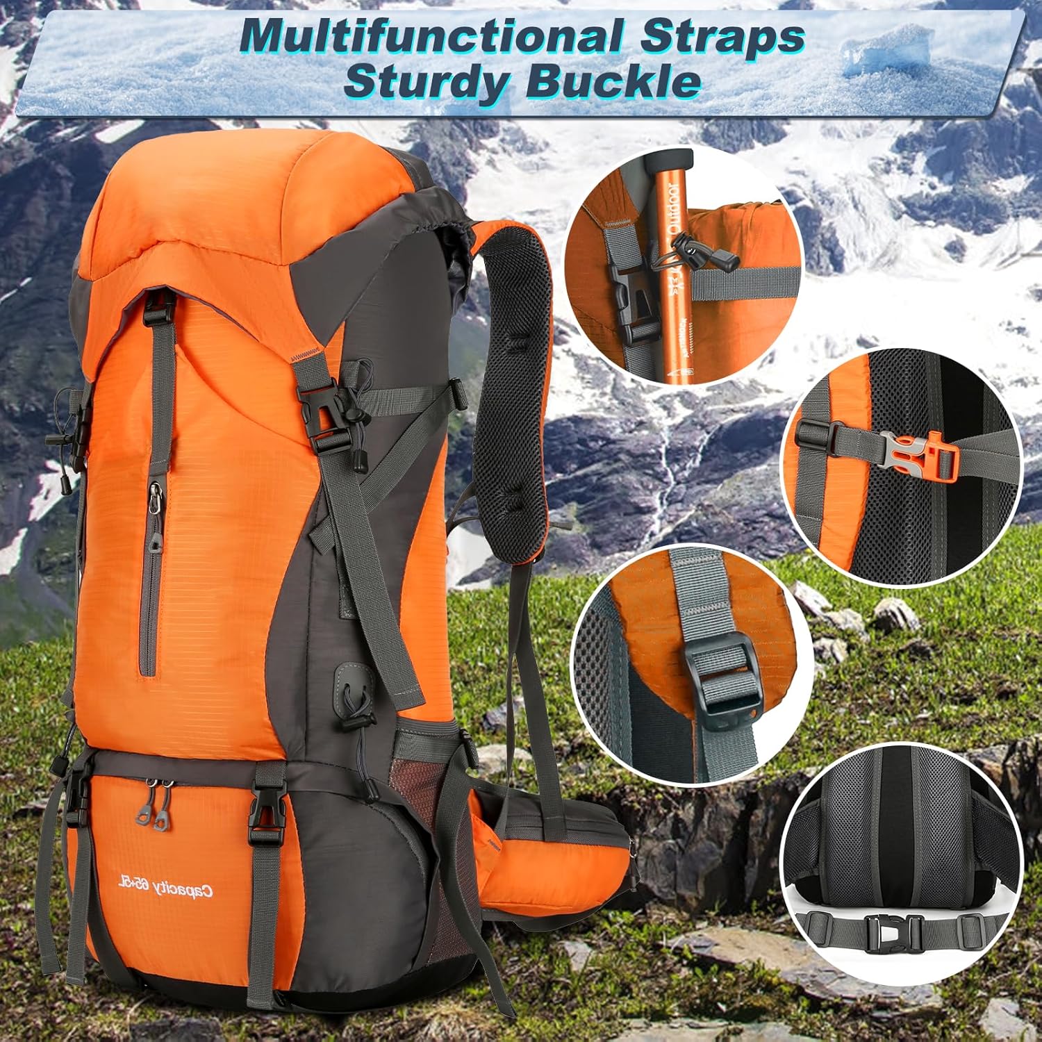 Durable 70L Hiking Camping Backpack with Waterproof Rain Cover, Lightweight Outdoor Sport Travel Daypack 65L+5L Rucksack for Climbing Touring Ultralight High-Capacity for Men and Women (Orange) - Image 3