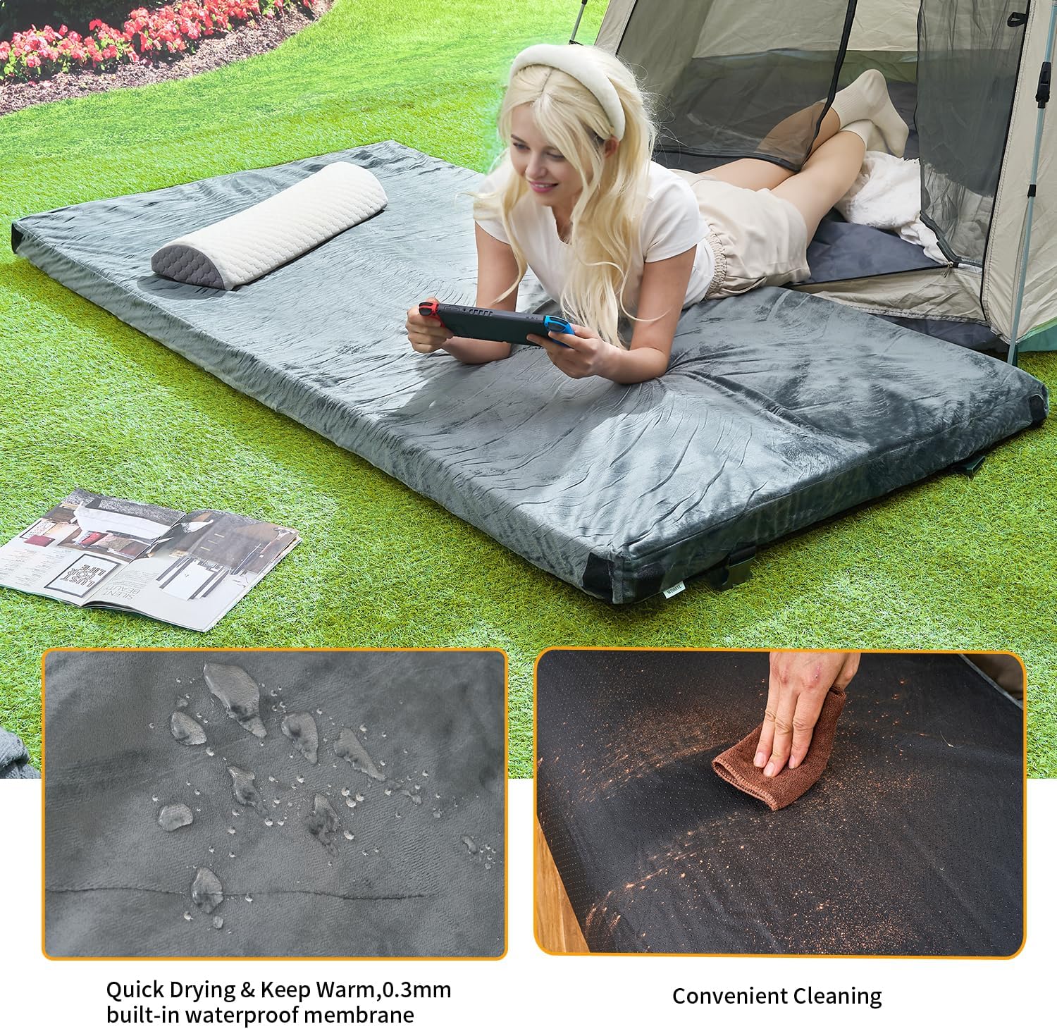 Memory Foam Camping Mattress With Waterproof Velvet Cover,Travel Car Camping,Portable Roll Up Mats,Twin/Single/Cot Size | Indoor Floor Mats, Guest Bed Pads with Carry Bag Removable Cover - Image 5