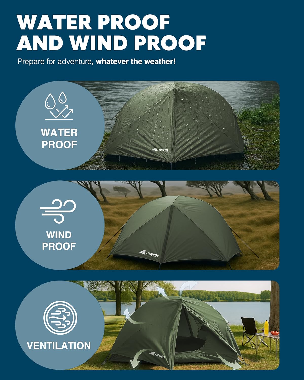 Voyager 2 Man Tent - Waterproof, Windproof, Quick Setup, Spacious 2-Person Camping Tent, Durable, Lightweight Outdoor Shelter, Ideal for Hiking, Backpacking, Camping- 225x135x110cm - Image 3