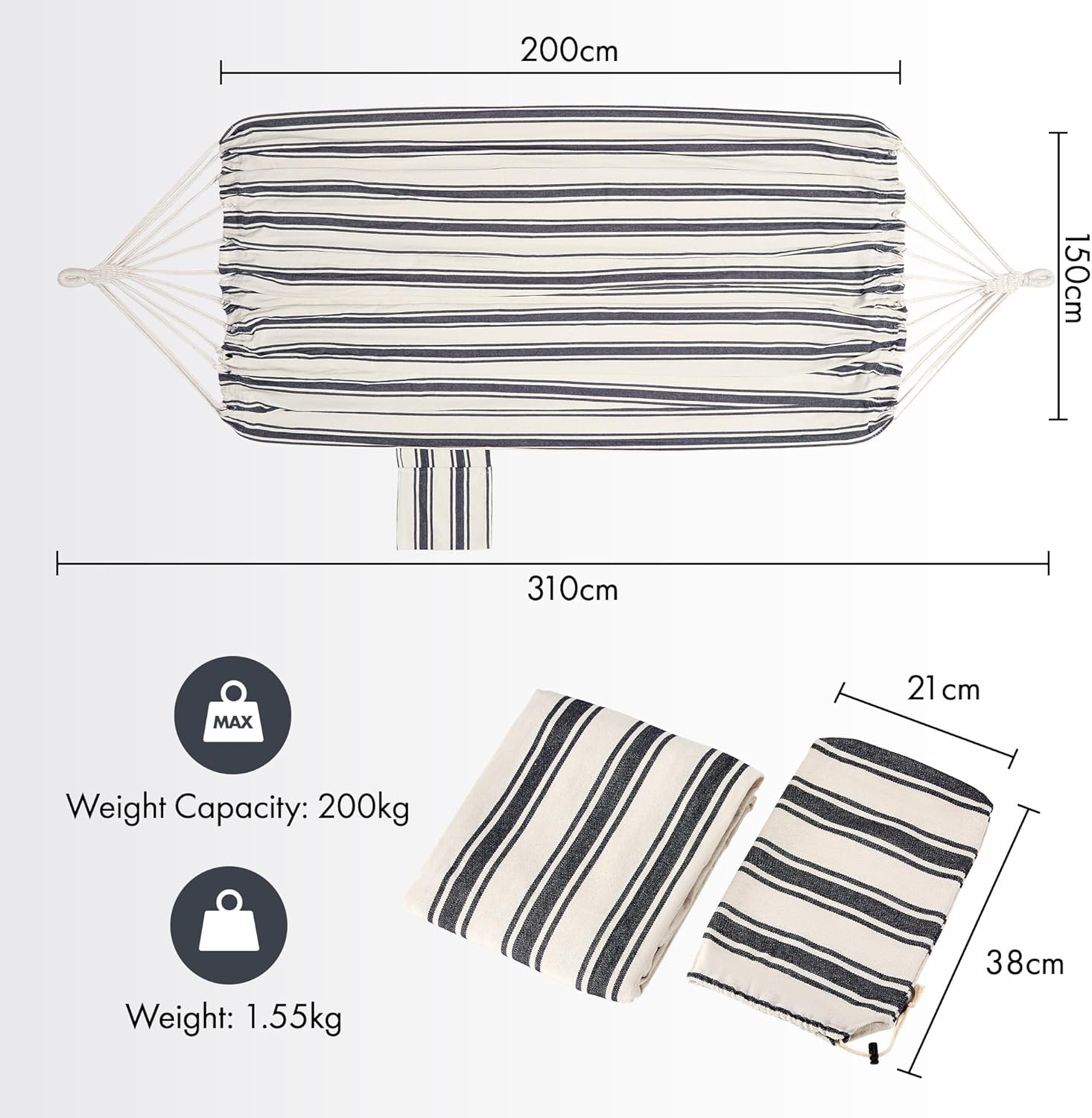 VonHaus Garden Hammock - 2 Person Striped Hammock with Rope Attachments & Storage Bag - Polycotton Portable Double with Travel Bag for Beach, Camping & Outdoors - Blue & White Stripe - Image 7