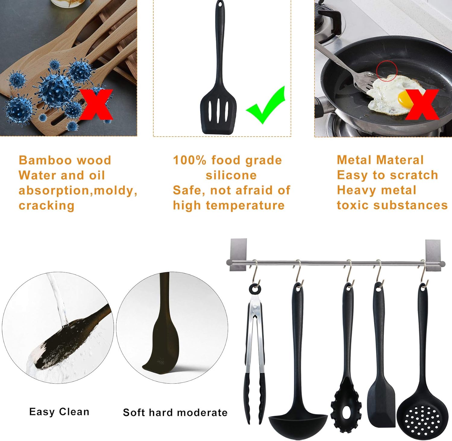 Kitchen Utensils Set - 25pcs Silicone Kitchen Utensils Set, BPA Free Food Grade Non Stick Coating Silicone Spatulas Kitchen Utensils, Heat Resistant and Easy Clean, Black - Image 6