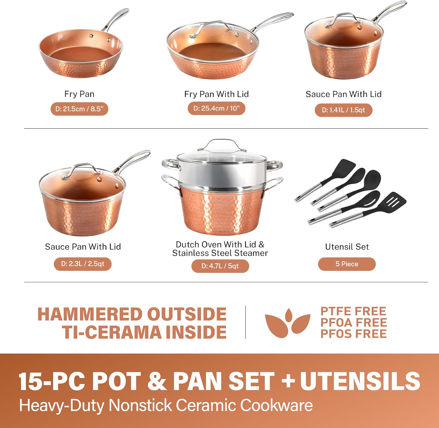 Gotham Steel Hammered 15 Pc Ceramic Cookware Set Nonstick, Deep Copper Pots and Pans Set Non Stick with Induction Cookware, Cooking Utensils & Steamer, Non Toxic PFOA PFOS Free, Oven & Dishwasher Safe - Image 3