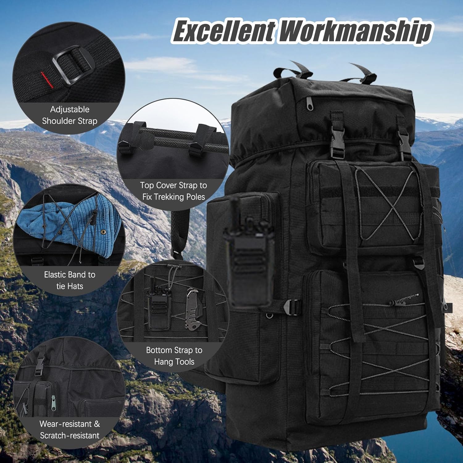 80L Hiking Backpack Large Rucksack for Men Women Waterproof Durable 80 Litre Camping Backpack Water Resistant Daypack Rucksack for Camping Cycling Climbing Walking Mountaineer Outdoor Sports - Image 5