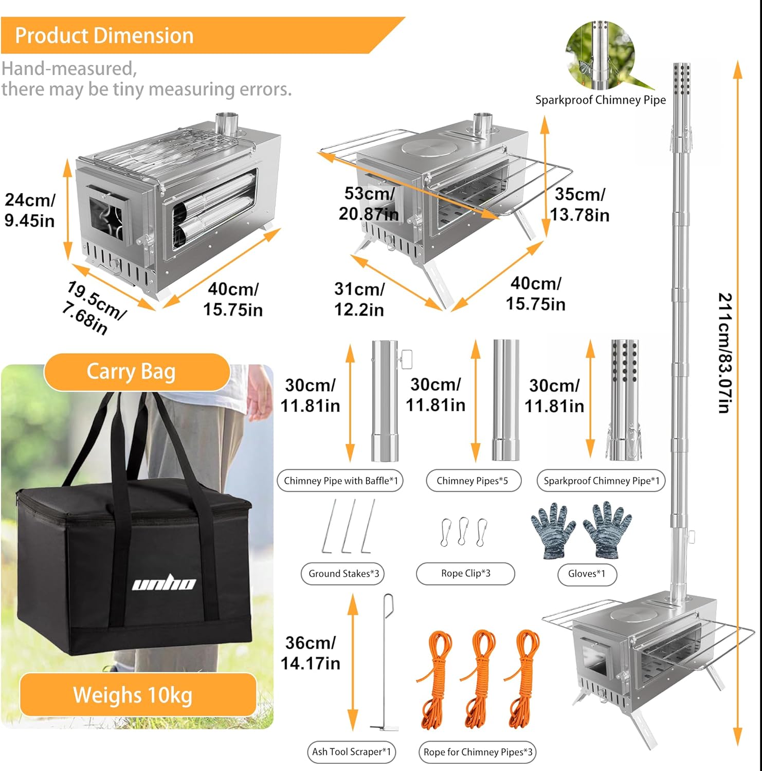 UNHO Camping Tent Stove: Portable Wood Burning Stove Stainless Steel Outdoor Cooking Heater Log Burner with 7 Chimney Pipes for Tent Shelter Garden Silver - Image 5