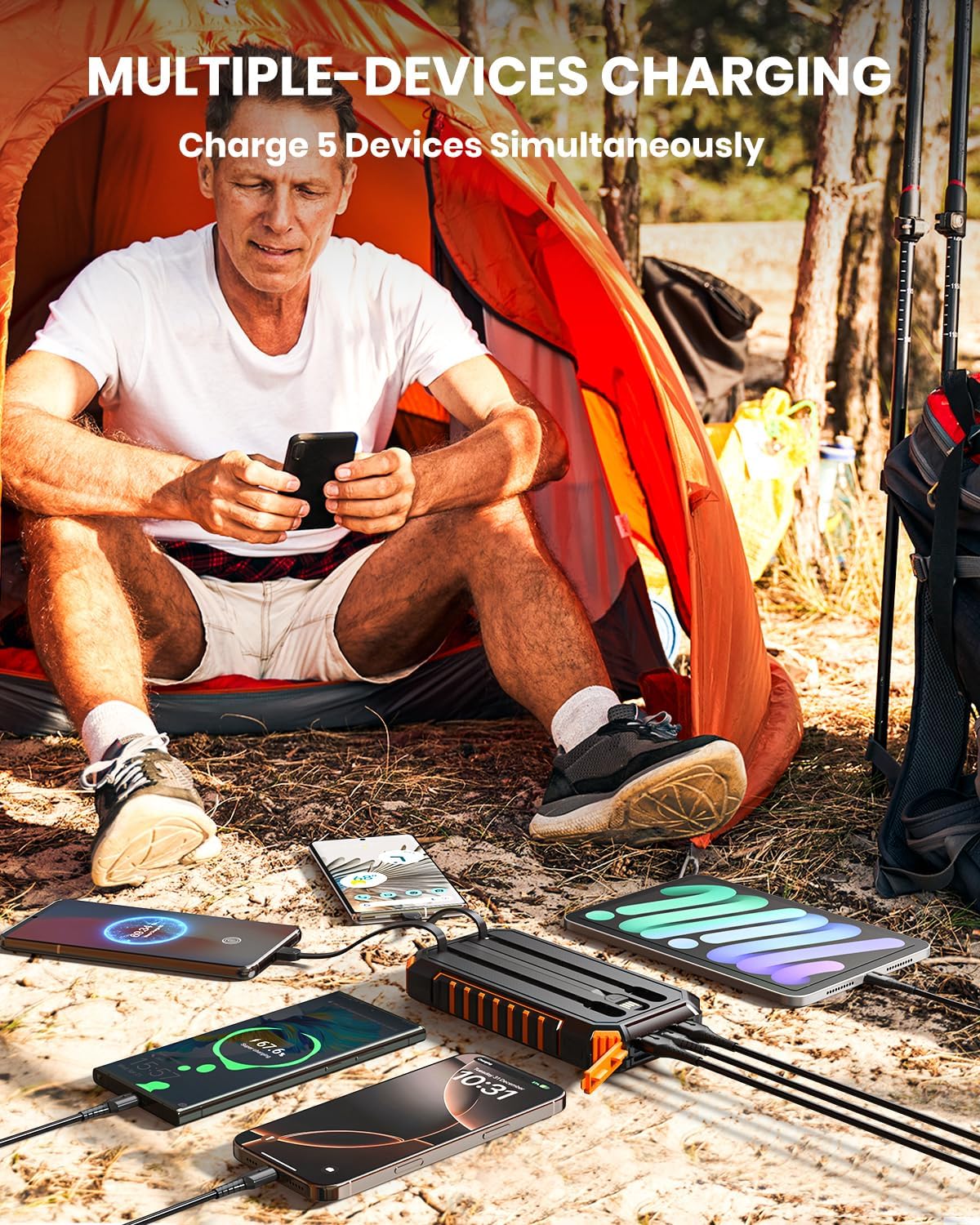 Hiluckey Power Bank Solar Charger - 20000mAh with Built-in 3 Cables Five Outputs 15W Fast Charging External Battery Pack for All Mobile Devices Solar Portable Charger with Dual Flashlights - Image 2