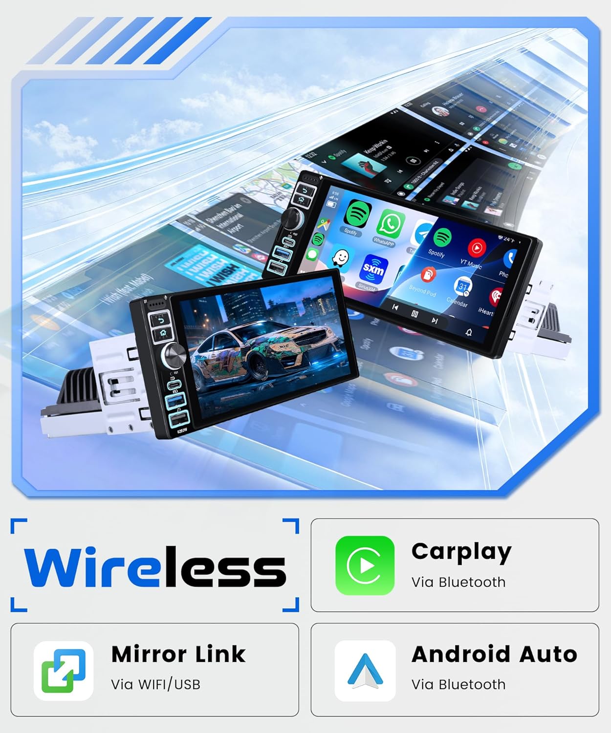 2G 64G Android Single Din Car Radio with Wireless Carplay Android Auto, 6.9 Inch Touchscreen Car Radio Bluetooth FM RDS GPS WiFi 32EQ Backup Camera - Image 2