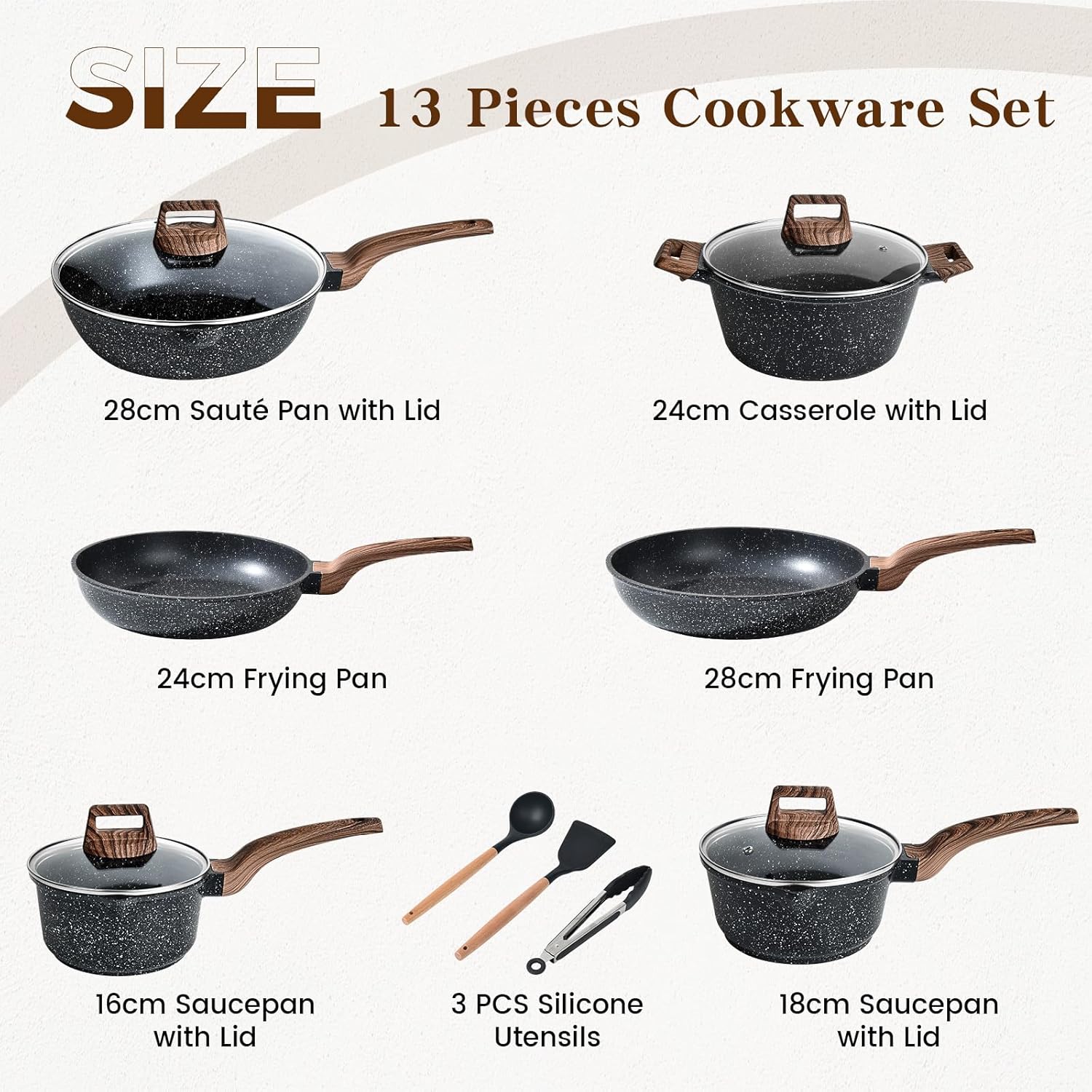 Induction Hob Pots and Pans Set - 13pcs Nonstick Cooking Pans Set, Black Granite Cookware Set with Lid, Non Stick Saucepan Set, Frying Pan Set, PFAS PTFE PFOA PFOS Free - Image 2