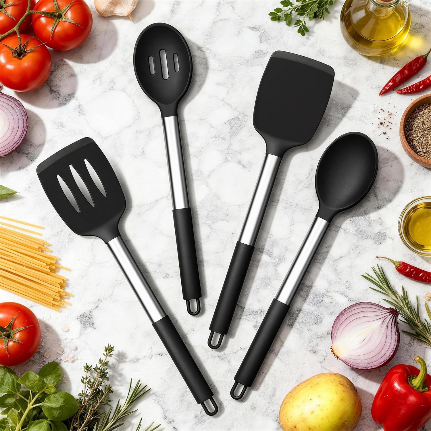 Herogo Kitchen Utensil Set of 4, Silicone Utensil Set with Stainless Steel Handle, Cooking Utensils Set with Non-Stick Heat Resistant Silicone for Cooking/Frying/Draining, Dishwasher Safe - Black - Image 7
