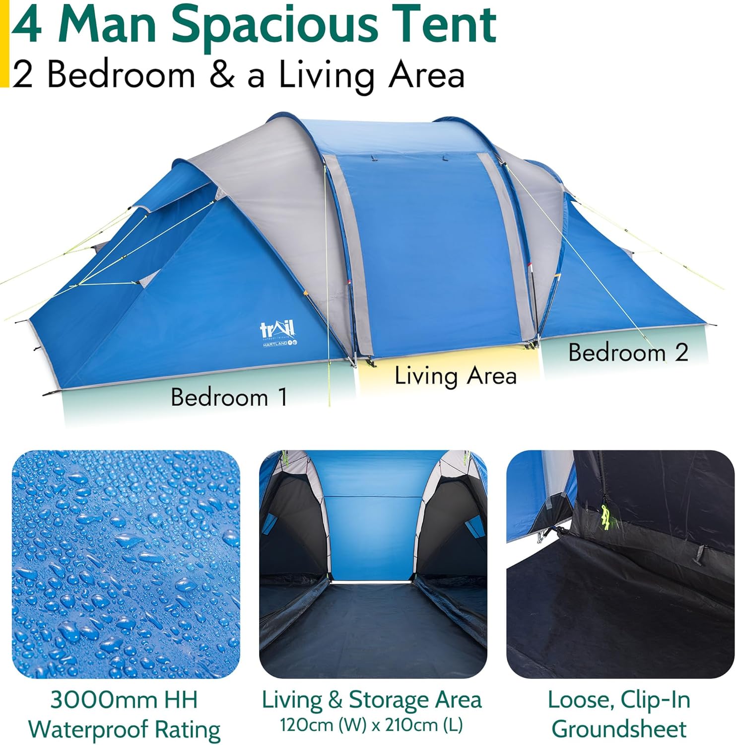 Trail Hartland 4 Man 2 Room Tent With Living Area and Awning, 3000mm Waterproof Rating, Tunnel Tent with Dark Zone Bedroom Technology, Family Camping, Bag Included (420cm x 210cm x 140/115cm) - Image 4