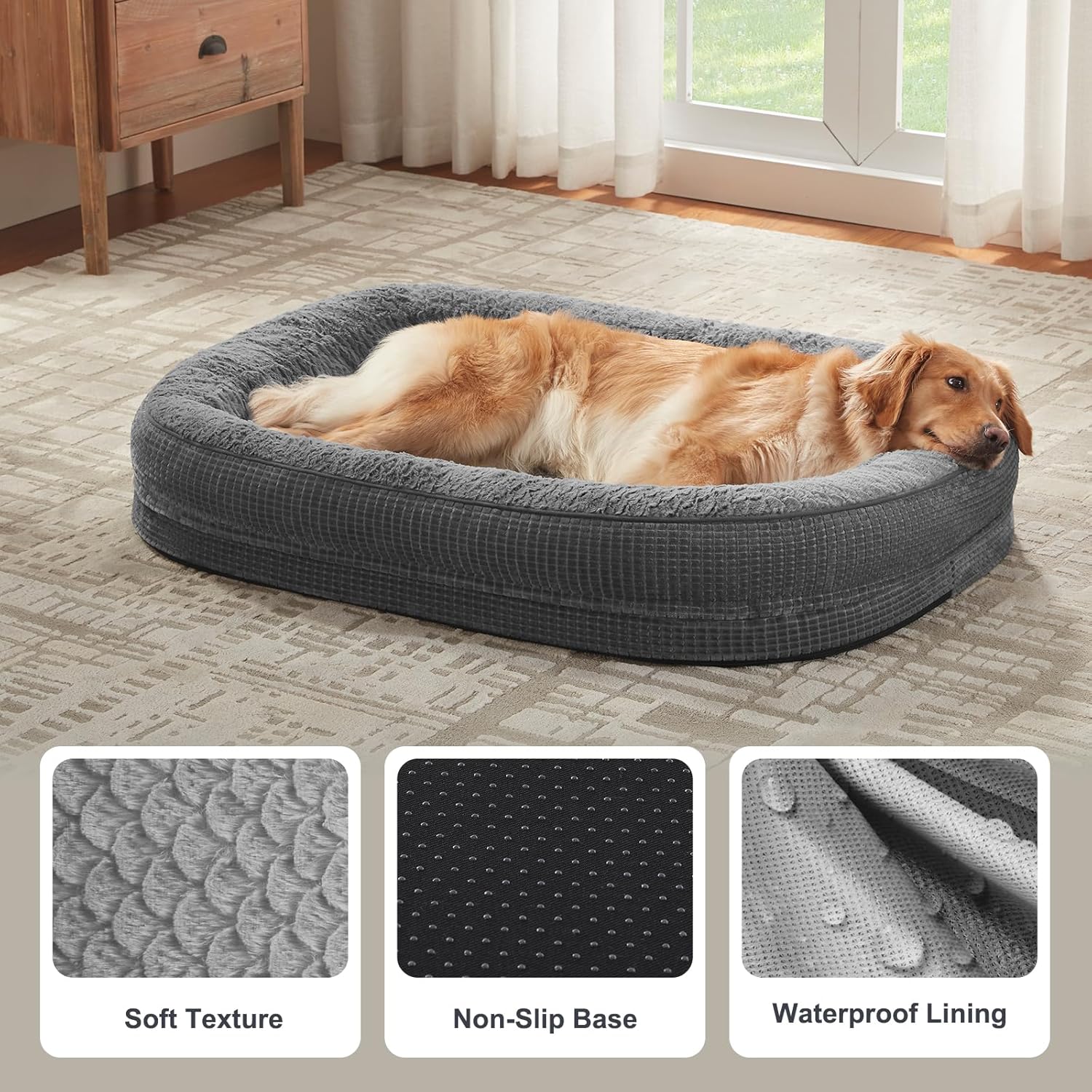 Pawk Large Dog Bed, Orthopedic Memory Foam Dog Beds, Washable Dog Bed, Fits up to 23kg, Four-Sided Neck Pillow, Good for Doberman Pinscher, Sheltie, Border Collie, Australian Herding Dog, Dark gray - Image 7