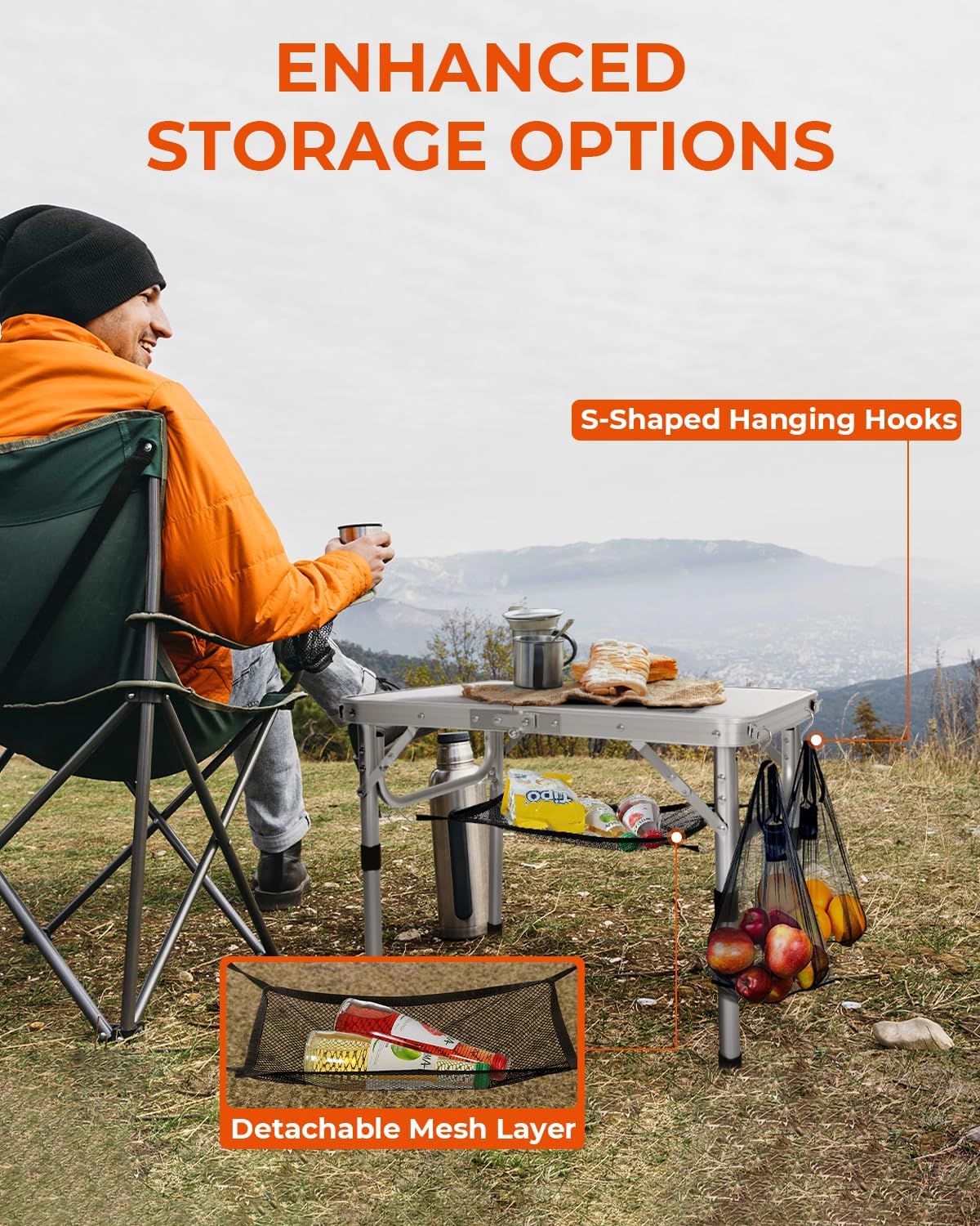 Sportneer Folding Camping Table, Adjustable Height Small Folding Table Portable Camp Tables (23.6" L x 15.7" W (2 Height)) with Mesh Layer for Outdoor Camp Garden Picnic BBQ Dining Cooking - Image 8