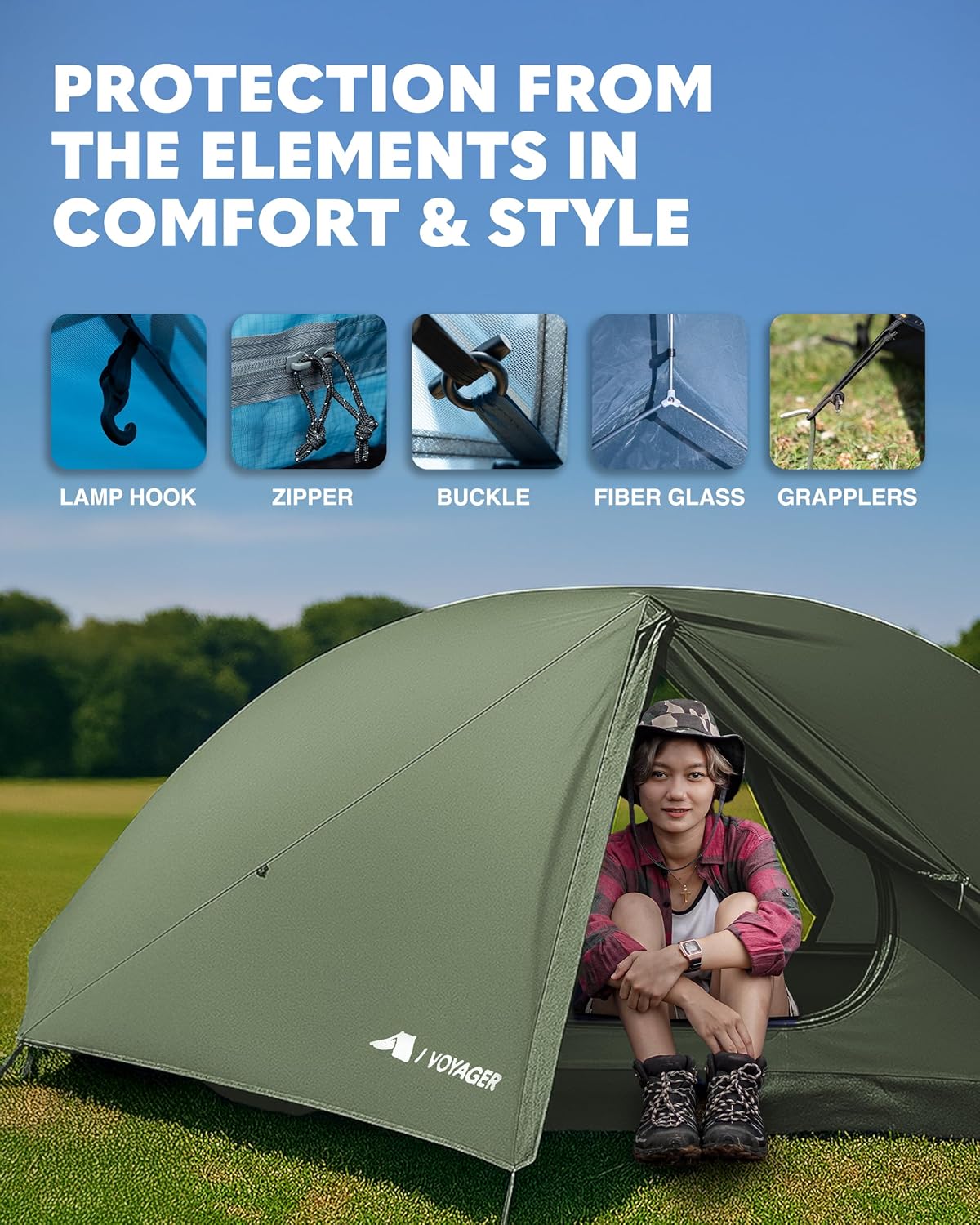 Voyager 2 Man Tent - Waterproof, Windproof, Quick Setup, Spacious 2-Person Camping Tent, Durable, Lightweight Outdoor Shelter, Ideal for Hiking, Backpacking, Camping- 225x135x110cm - Image 7