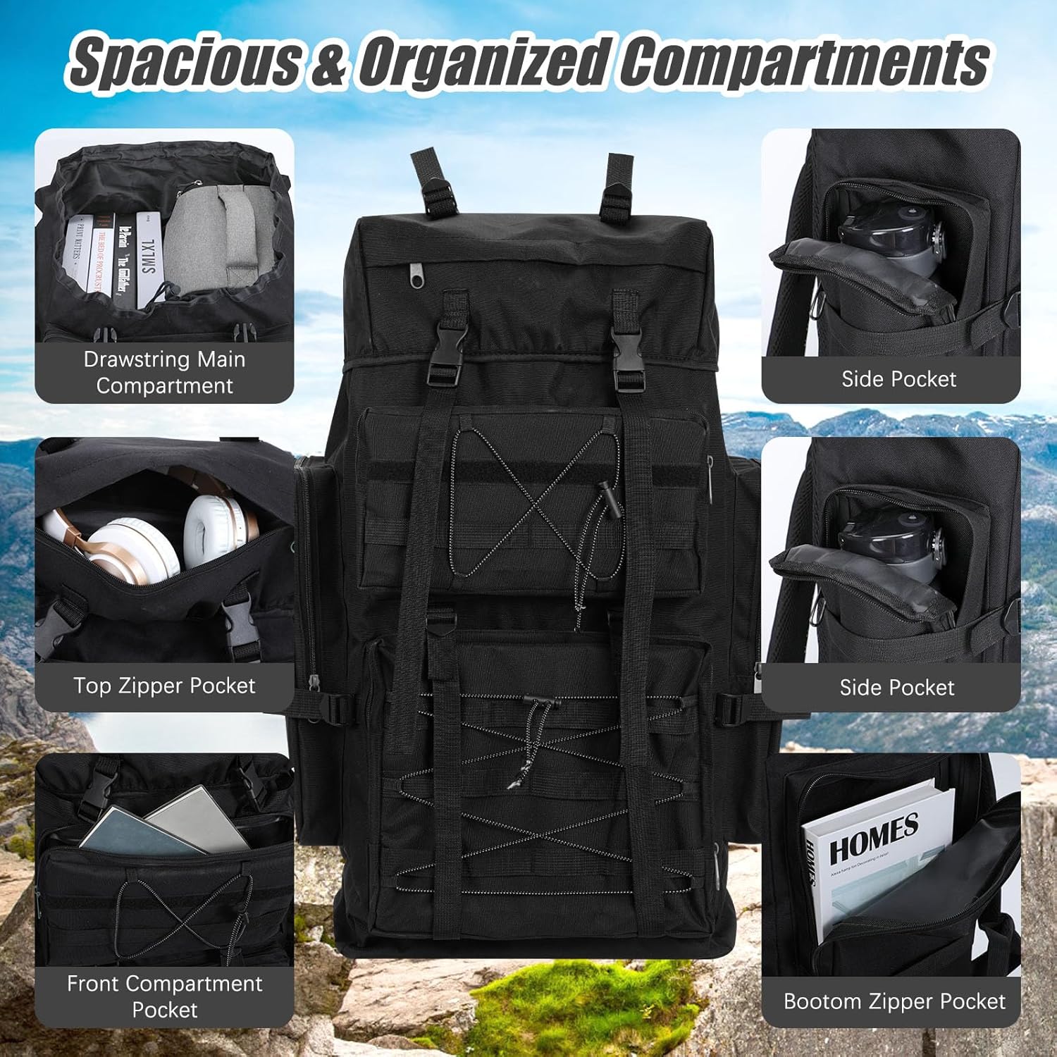 80L Hiking Backpack Large Rucksack for Men Women Waterproof Durable 80 Litre Camping Backpack Water Resistant Daypack Rucksack for Camping Cycling Climbing Walking Mountaineer Outdoor Sports - Image 4