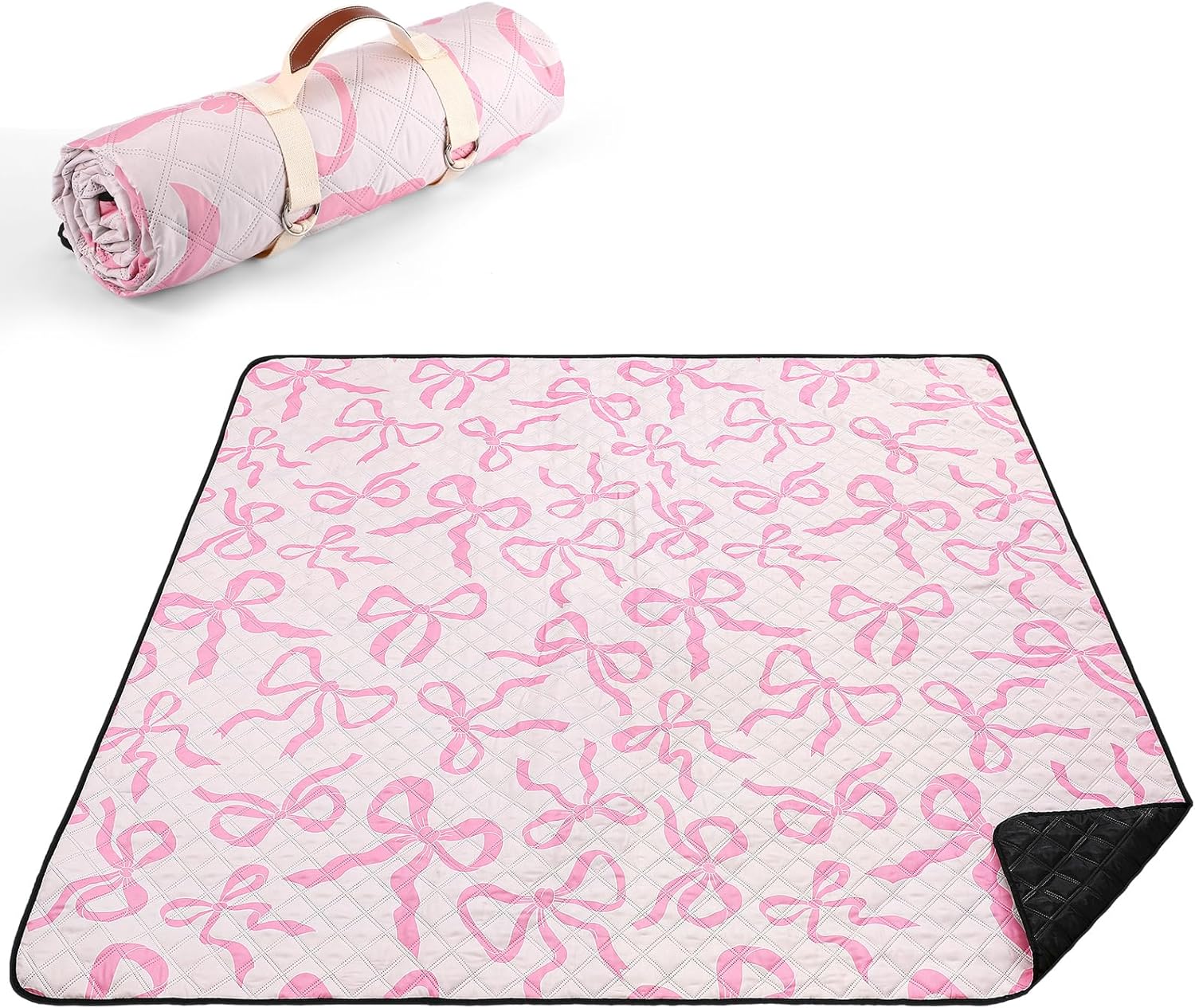 Pink Bow Picnic Blanket 80'' x 80'' Waterproof Extra Large Camping Blanket Coquette Picnic Mat Foldable Portable Preppy Outdoor Beach Mat with Carry Strap for Outdoor Grass Lawn Park - Image 2