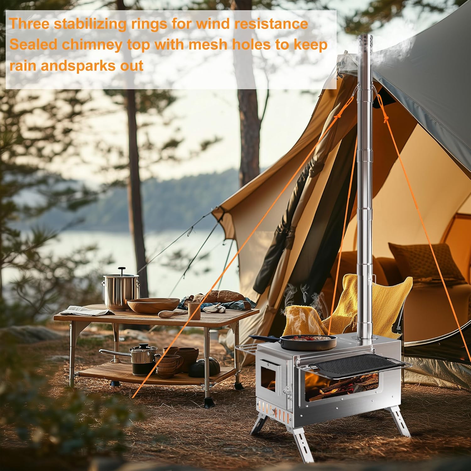 UNHO Camping Tent Stove: Portable Wood Burning Stove Stainless Steel Outdoor Cooking Heater Log Burner with 7 Chimney Pipes for Tent Shelter Garden Silver - Image 3