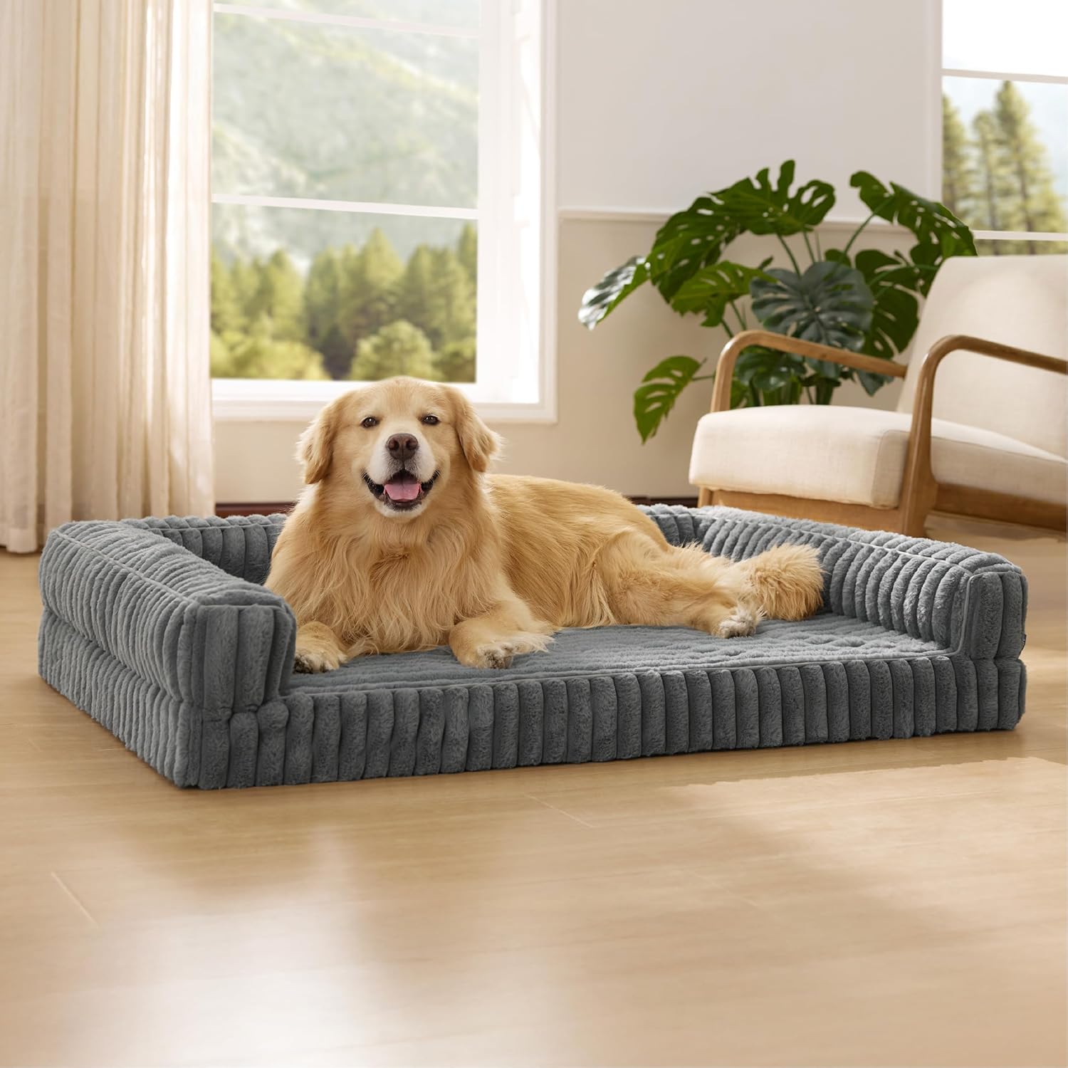 Bedsure Orthopedic Dog Beds Large - 122x89x20cm Waterproof Memory Foam Dog Sofa with Sides, Non-Slip Bottom and Egg-Crate Foam Large Pet Couch Sofa with Washable Removable Corduroy Cover, grey