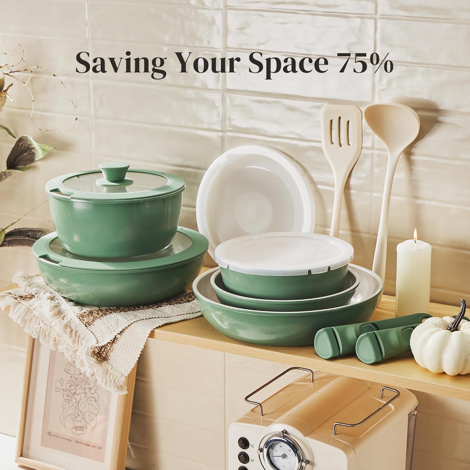 Redchef 16pcs Ceramic Pots and Pans Set Non Stick, Nonstick Cookware Set with Detachable Handle, PFAS PFOA & PTFE Free, RV Ceramic Cookware Set for Camping, Oven Safe (Green) - Image 6