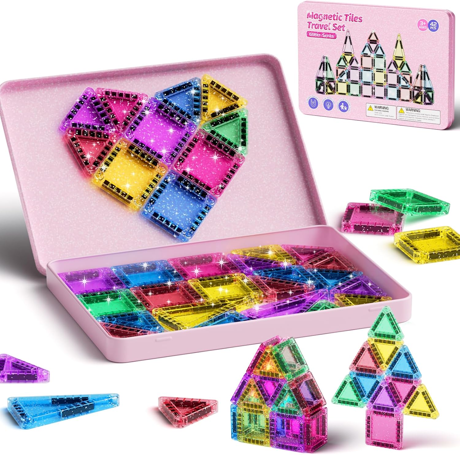 Travel Magnetic Tiles Glitter Construction Set 42pcs Travel Toys for Kids MINI Magnet Tiles with Iron Box Base, Magnetic Building Blocks Stem Toy Gift for 3+ Years Girl