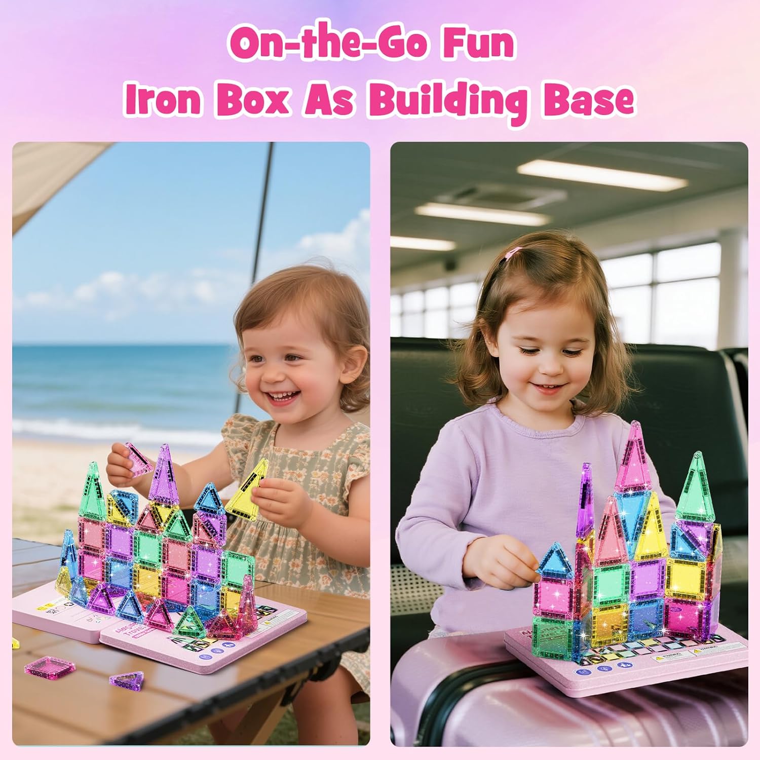 Travel Magnetic Tiles Glitter Construction Set 42pcs Travel Toys for Kids MINI Magnet Tiles with Iron Box Base, Magnetic Building Blocks Stem Toy Gift for 3+ Years Girl - Image 2